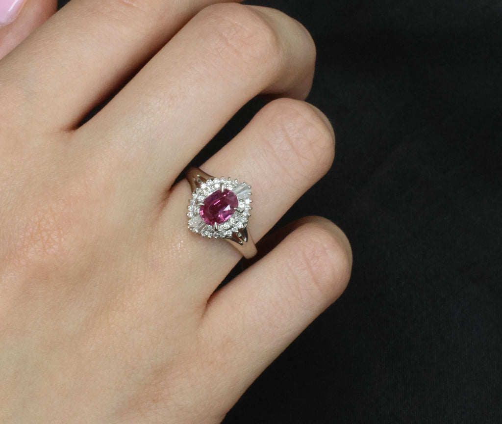 Rare 1.31ct GIA Thai Pink Sapphire & 0.35ct Diamond Halo Platinum Ring Size 7.5