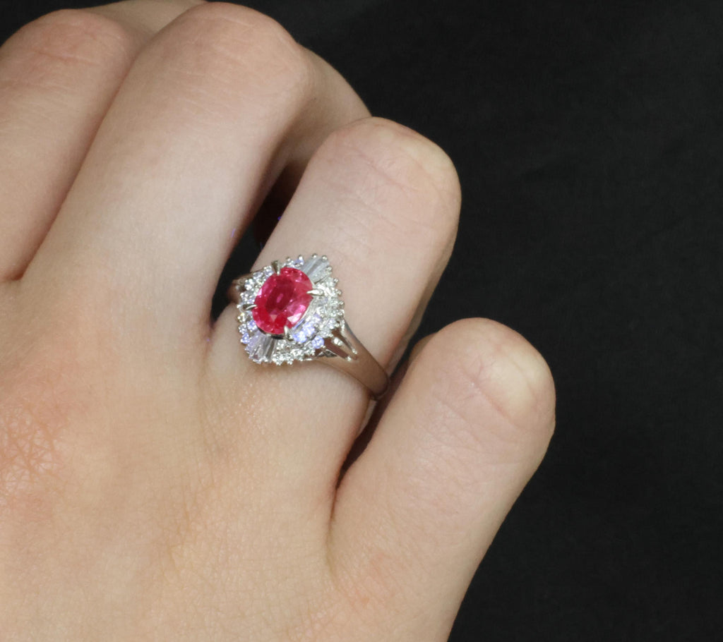 Rare 1.31ct GIA Thai Pink Sapphire & 0.35ct Diamond Halo Platinum Ring Size 7.5