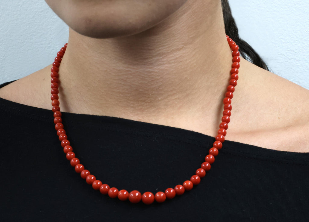 Fine 4.9-8.6mm Natural Untreated Ox Blood Red Coral 14K Yellow Gold Necklace