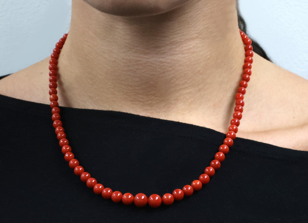 Fine 4.9-8.6mm Natural Untreated Ox Blood Red Coral 14K Yellow Gold Necklace