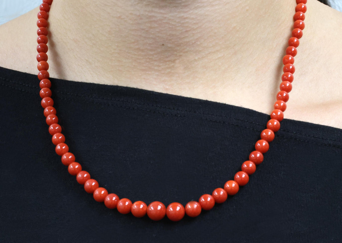 Fine 4.9-8.6mm Natural Untreated Ox Blood Red Coral 14K Yellow Gold Necklace