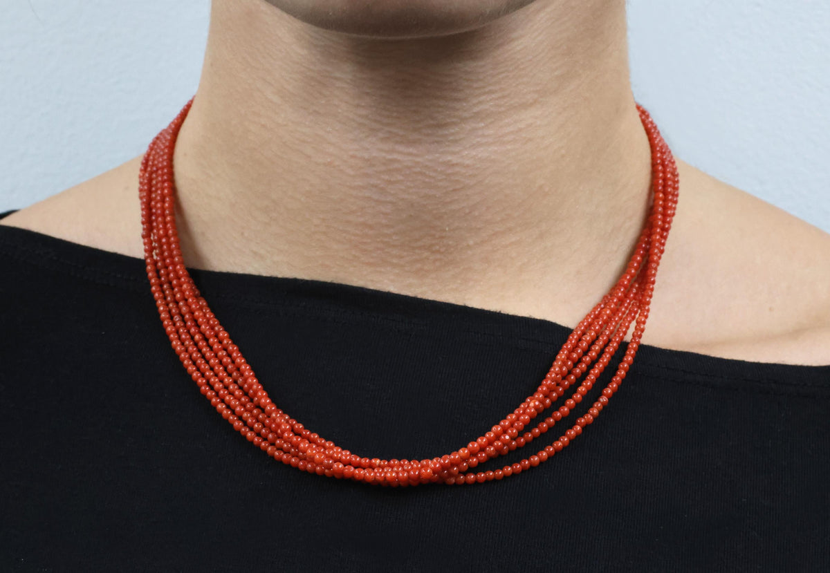 Natural Untreated Ox Blood Coral 2.5-2.9mm 5 layer 18K Yellow Gold 19" Necklace