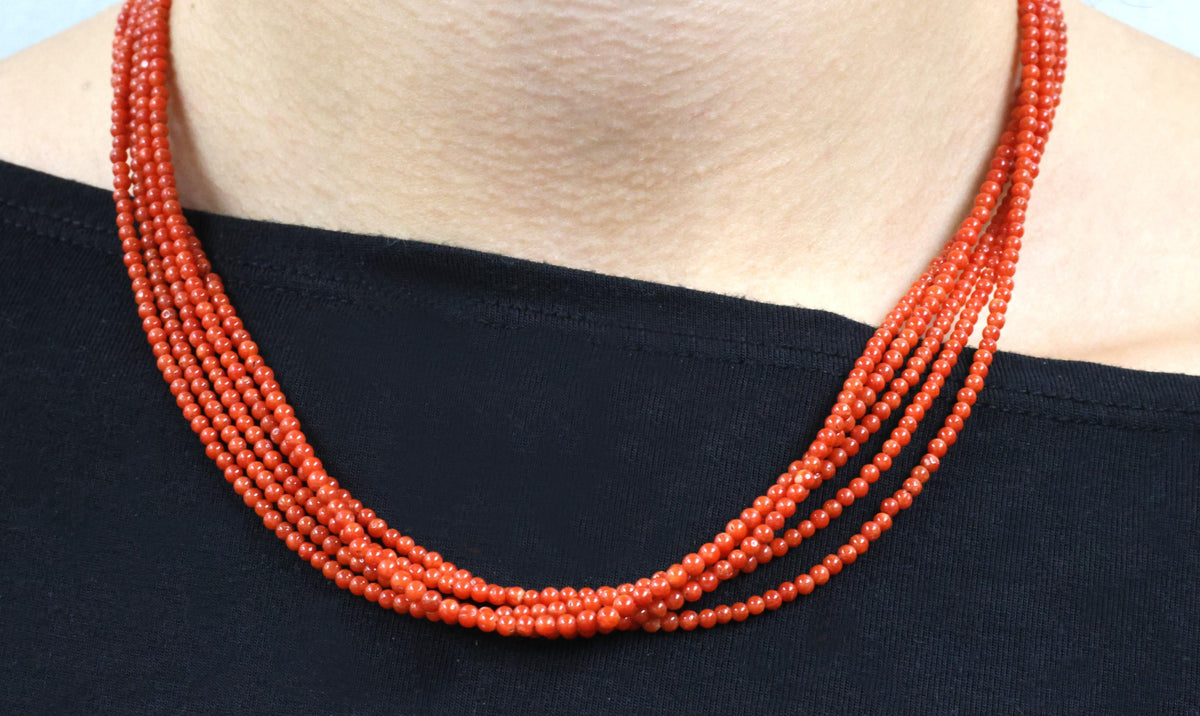 Natural Untreated Ox Blood Coral 2.5-2.9mm 5 layer 18K Yellow Gold 19" Necklace