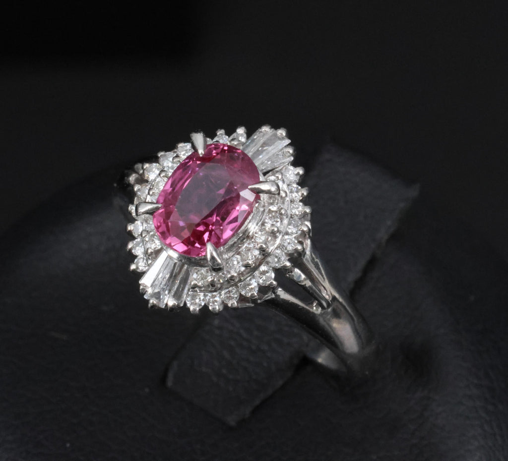 Rare 1.31ct GIA Thai Pink Sapphire & 0.35ct Diamond Halo Platinum Ring Size 7.5