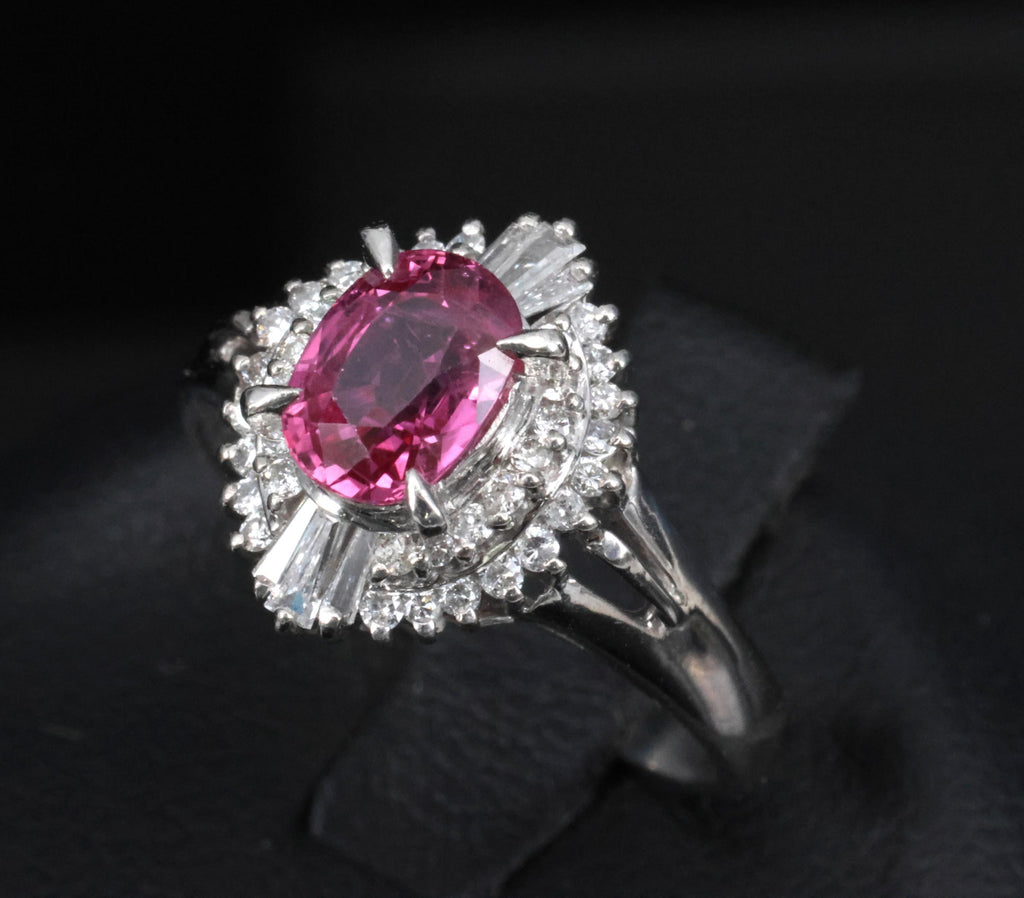 Rare 1.31ct GIA Thai Pink Sapphire & 0.35ct Diamond Halo Platinum Ring Size 7.5