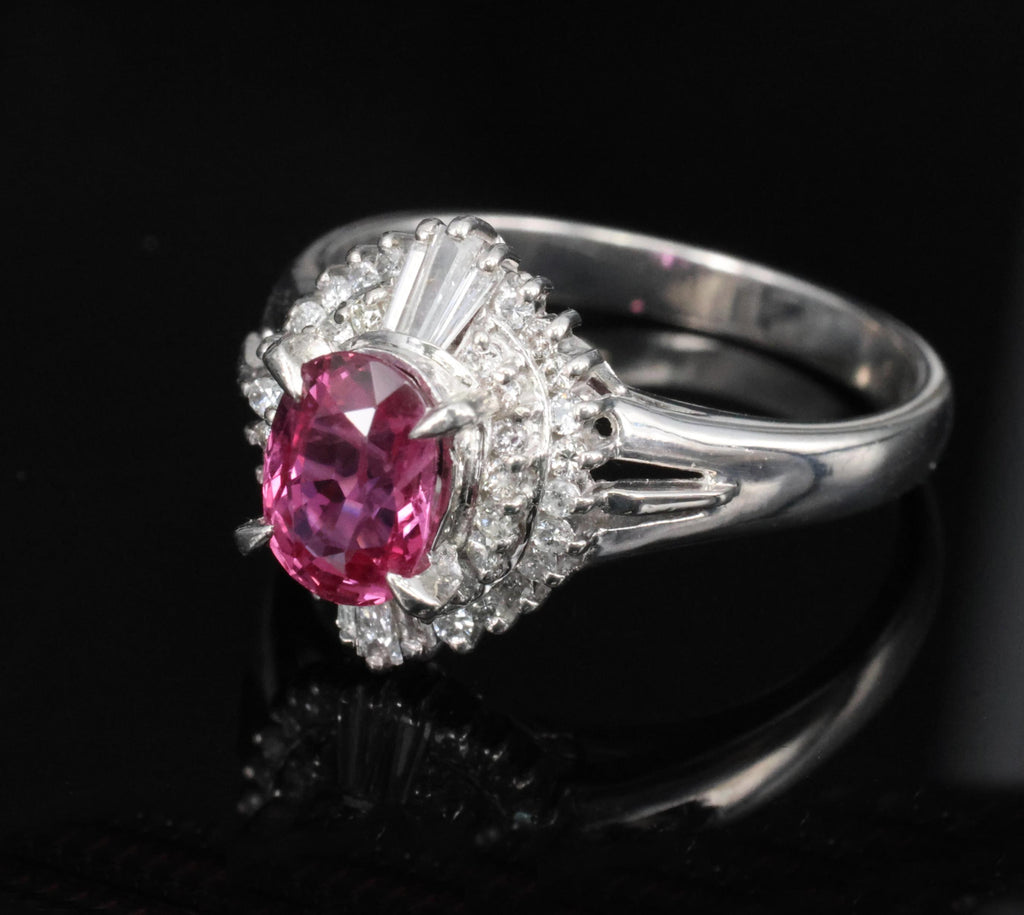Rare 1.31ct GIA Thai Pink Sapphire & 0.35ct Diamond Halo Platinum Ring Size 7.5