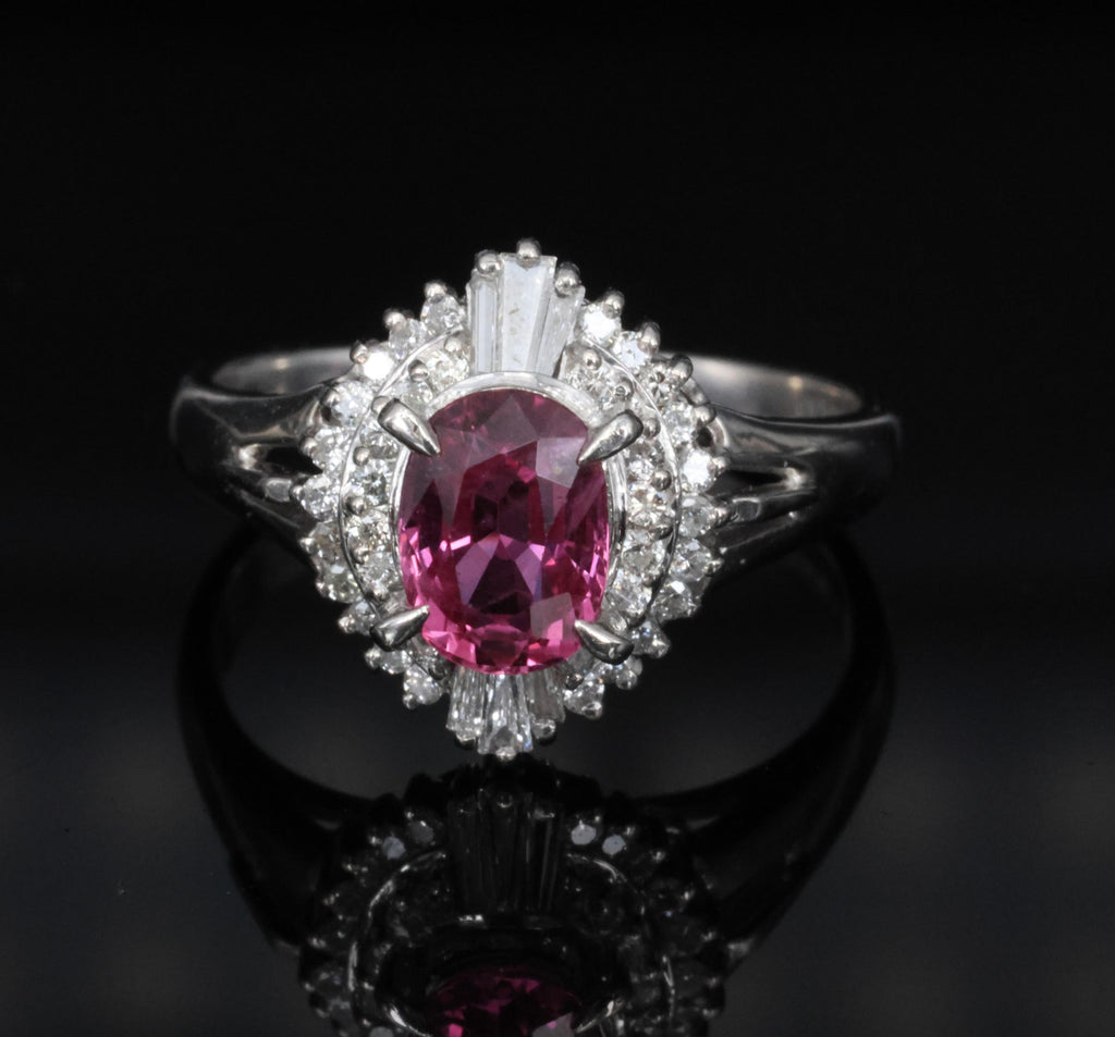 Rare 1.31ct GIA Thai Pink Sapphire & 0.35ct Diamond Halo Platinum Ring Size 7.5