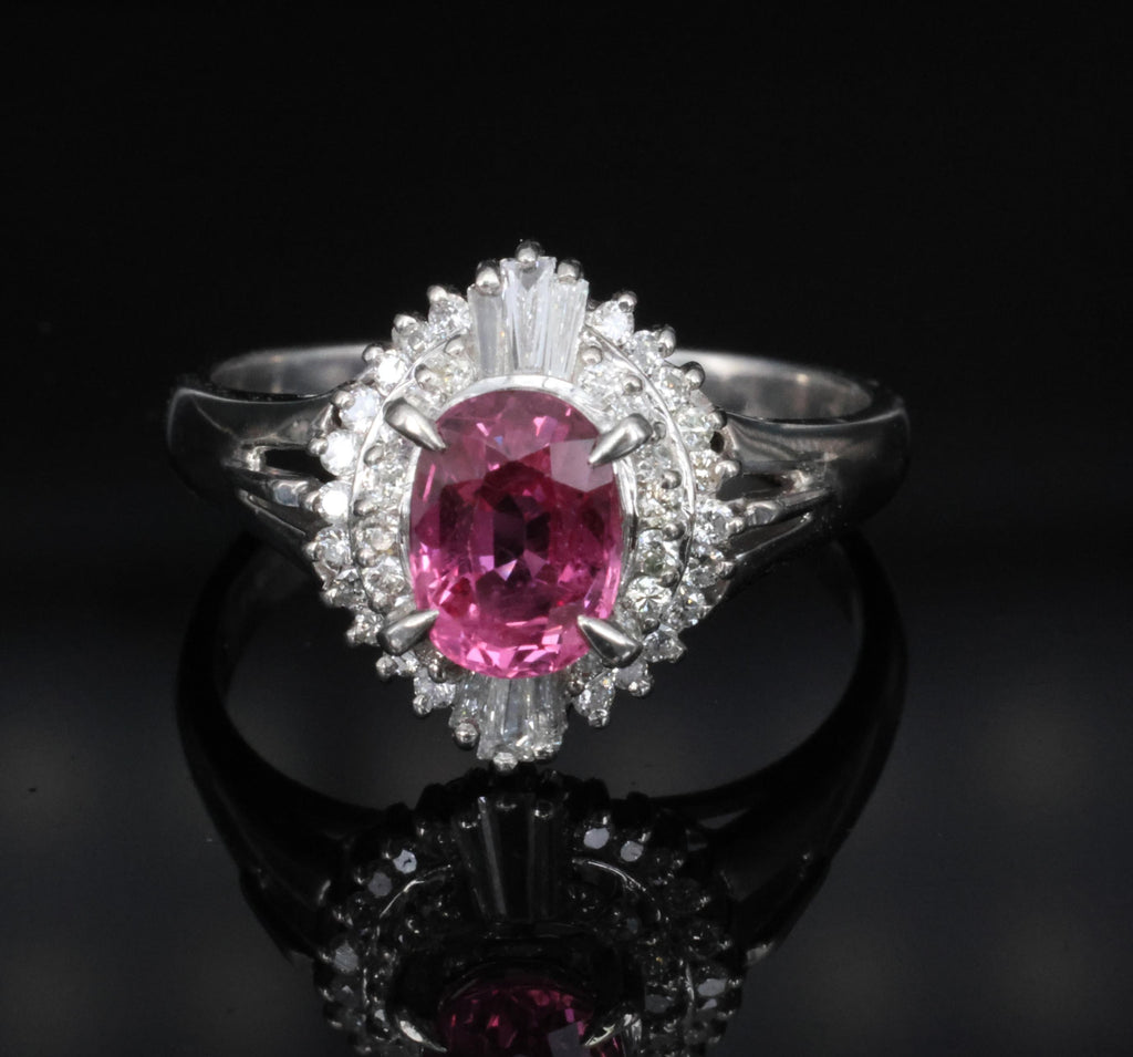 Rare 1.31ct GIA Thai Pink Sapphire & 0.35ct Diamond Halo Platinum Ring Size 7.5