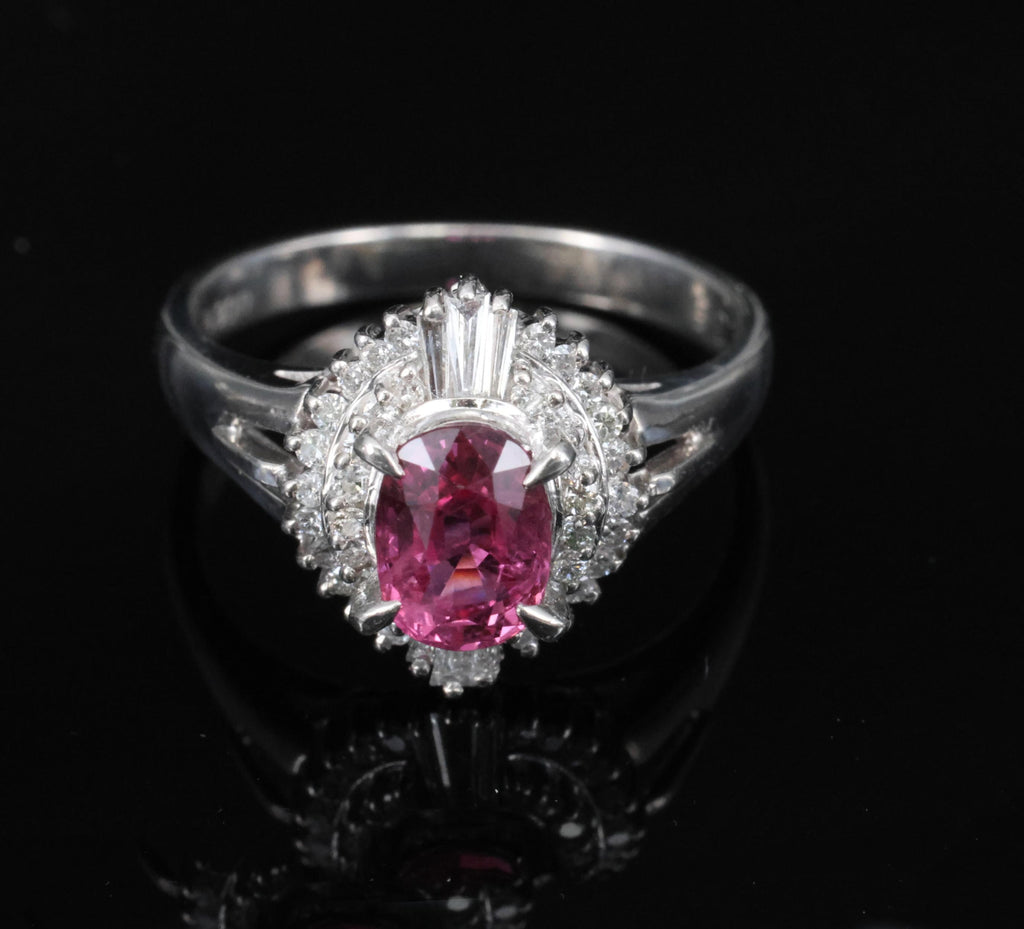 Rare 1.31ct GIA Thai Pink Sapphire & 0.35ct Diamond Halo Platinum Ring Size 7.5