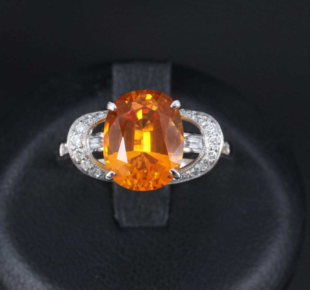 4.49ct GIA Vivid Orange Sapphire & 0.51ct Diamond Platinum Ring Size 6.5 8.1gr