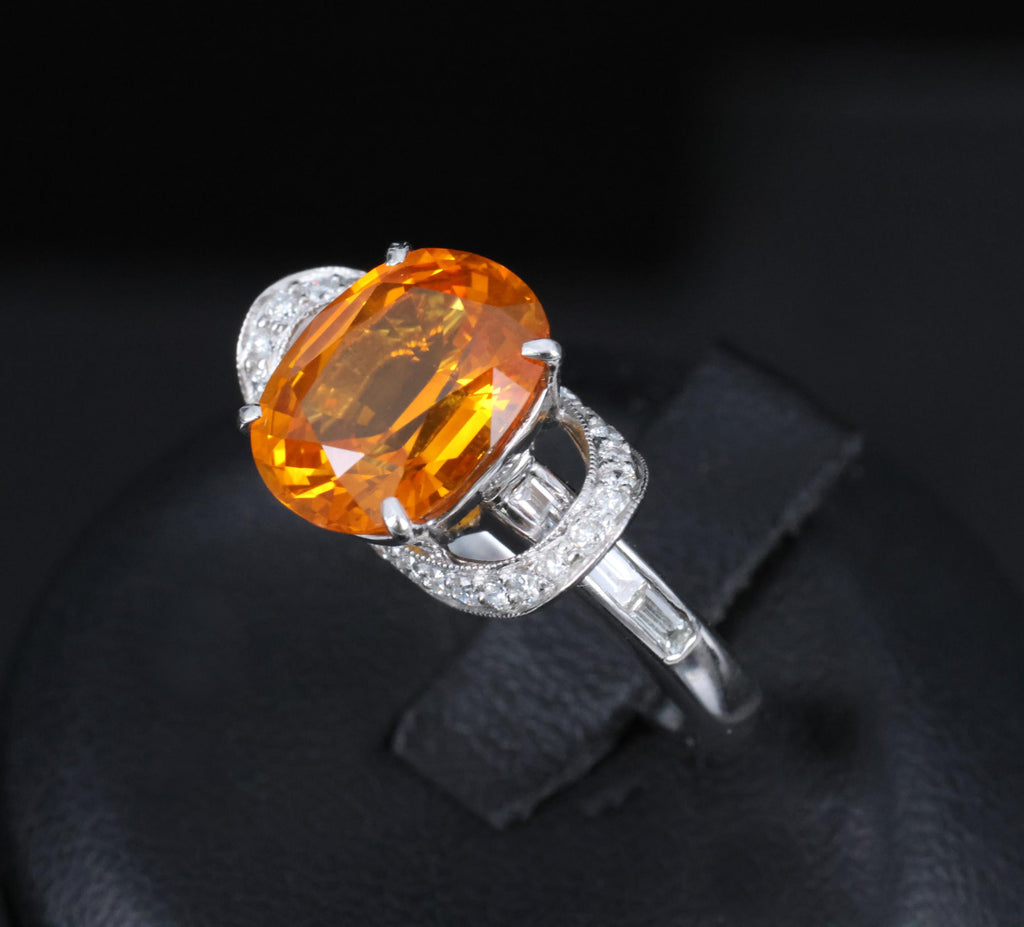 4.49ct GIA Vivid Orange Sapphire & 0.51ct Diamond Platinum Ring Size 6.5 8.1gr