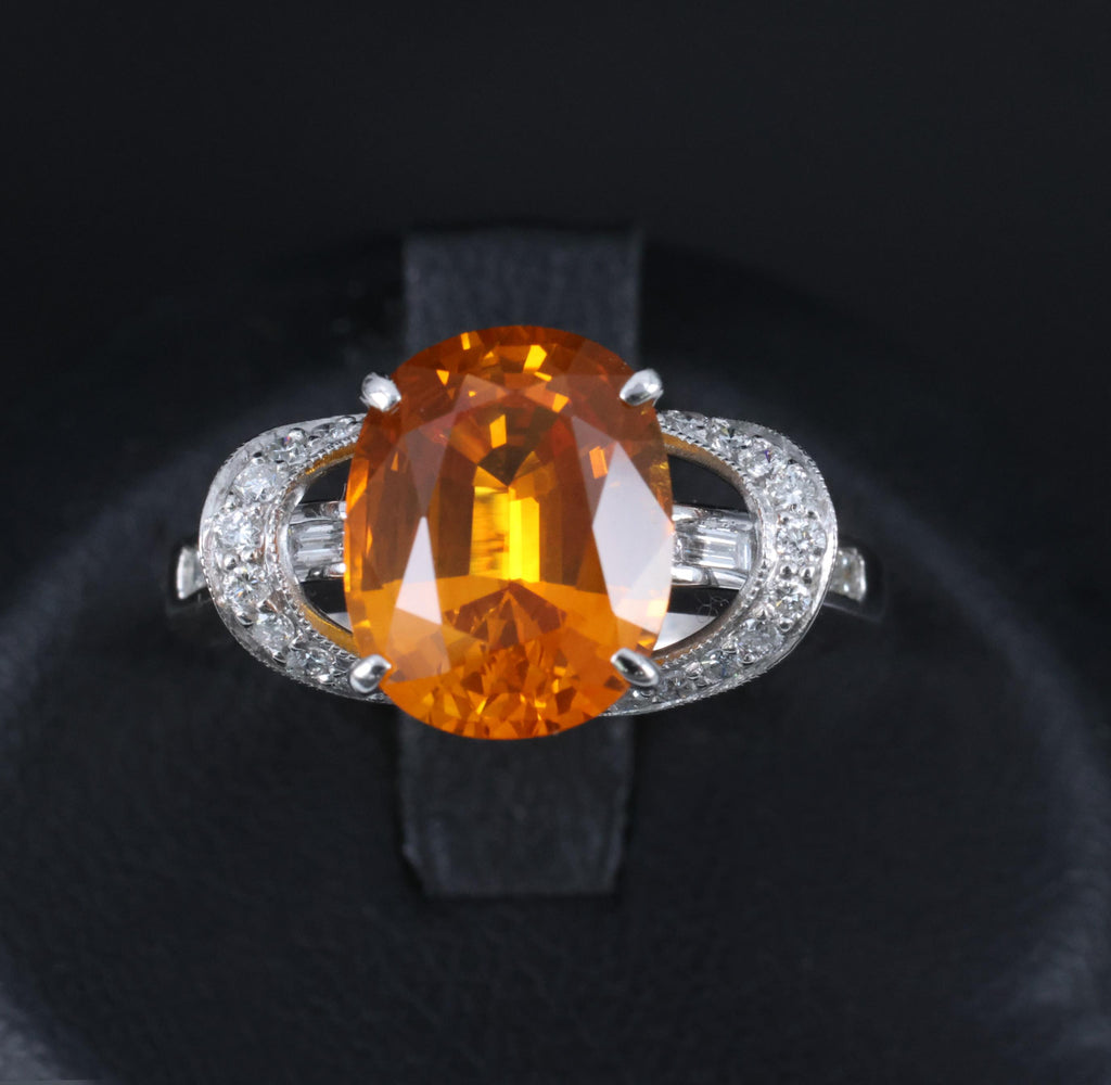 4.49ct GIA Vivid Orange Sapphire & 0.51ct Diamond Platinum Ring Size 6.5 8.1gr