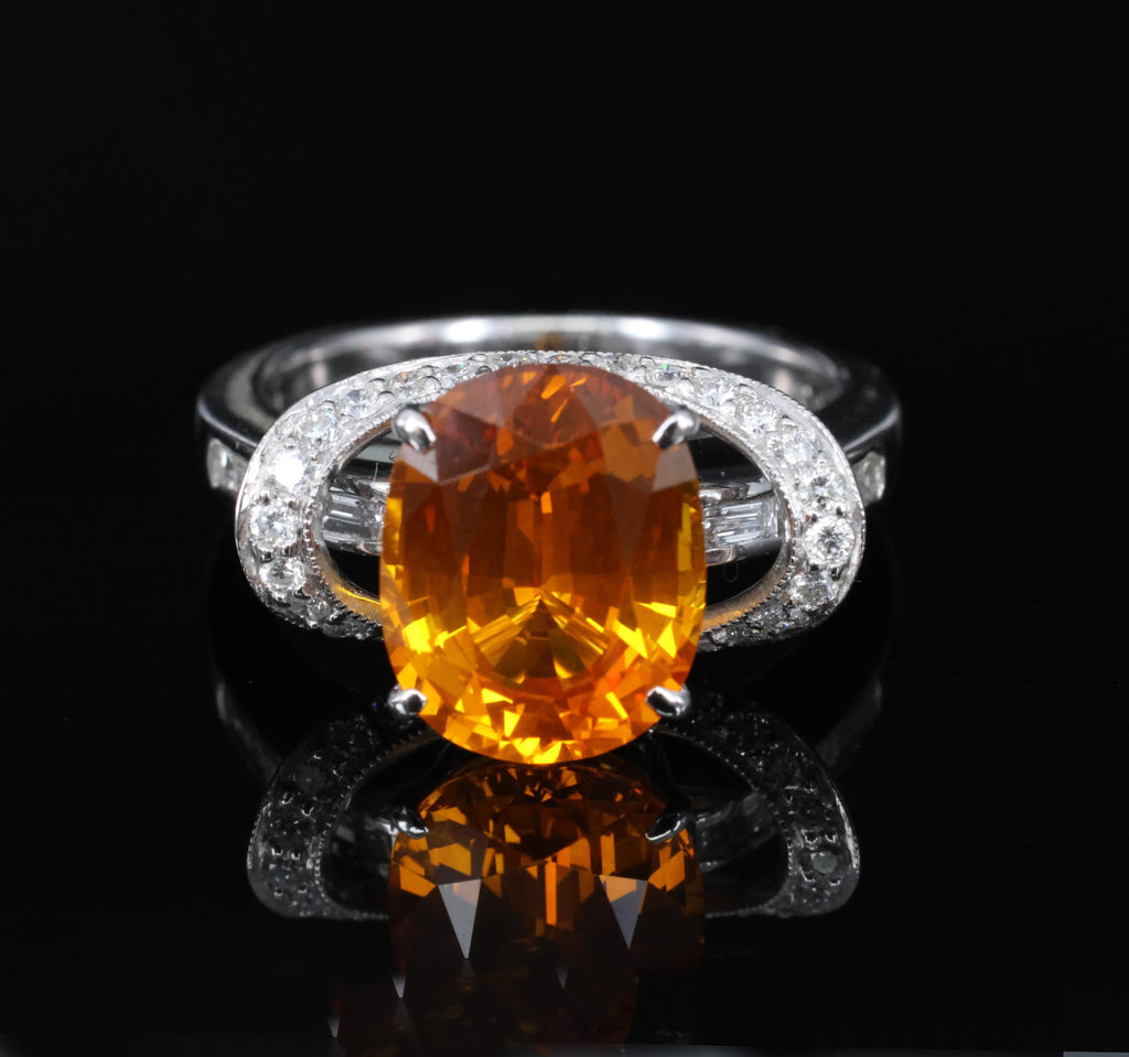 4.49ct GIA Vivid Orange Sapphire & 0.51ct Diamond Platinum Ring Size 6.5 8.1gr