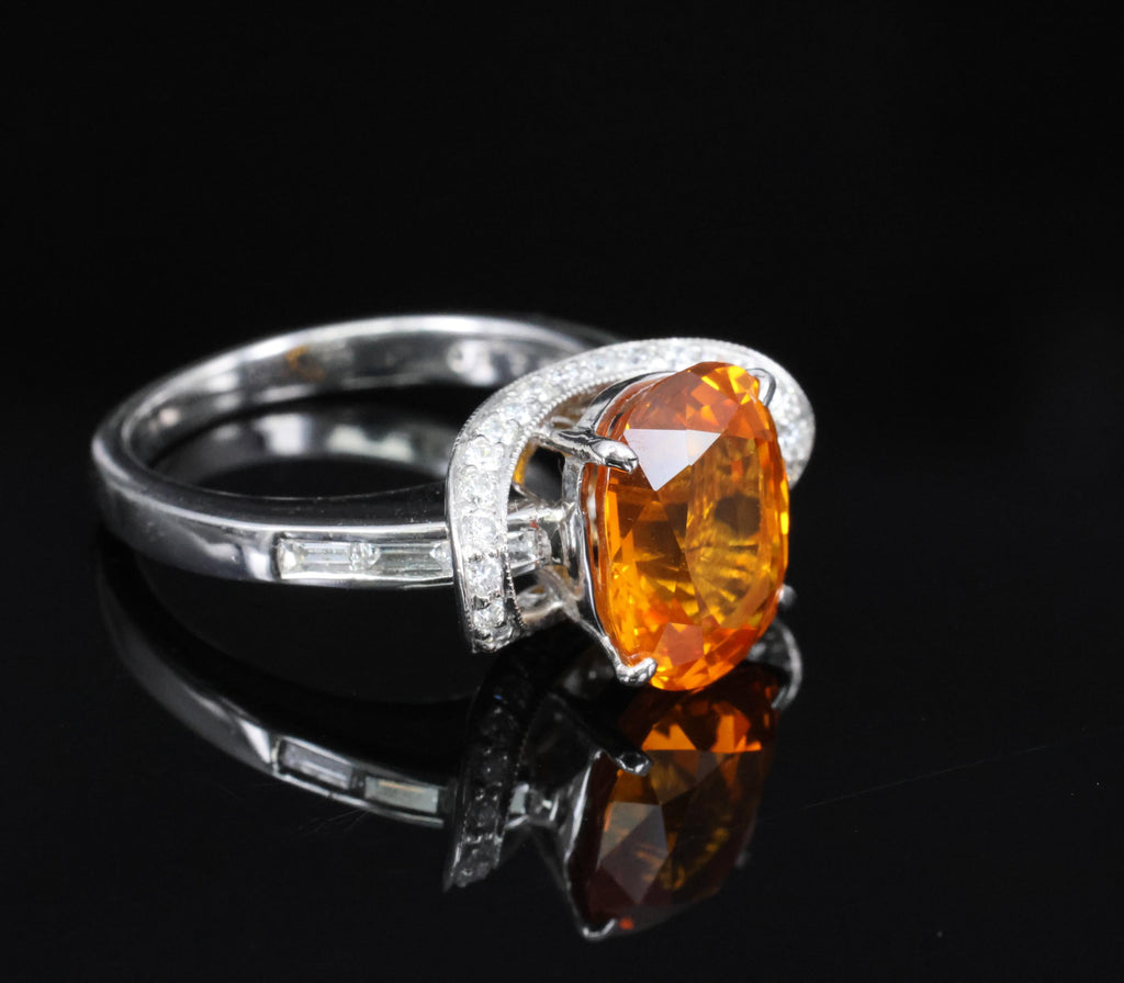 4.49ct GIA Vivid Orange Sapphire & 0.51ct Diamond Platinum Ring Size 6.5 8.1gr