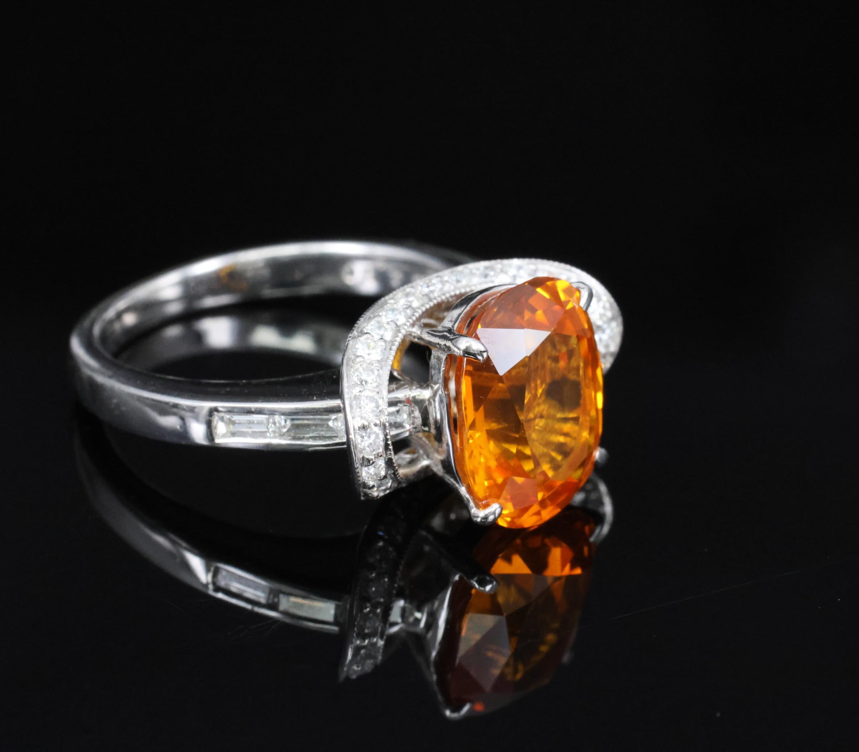 4.49ct GIA Vivid Orange Sapphire & 0.51ct Diamond Platinum Ring Size 6.5 8.1gr