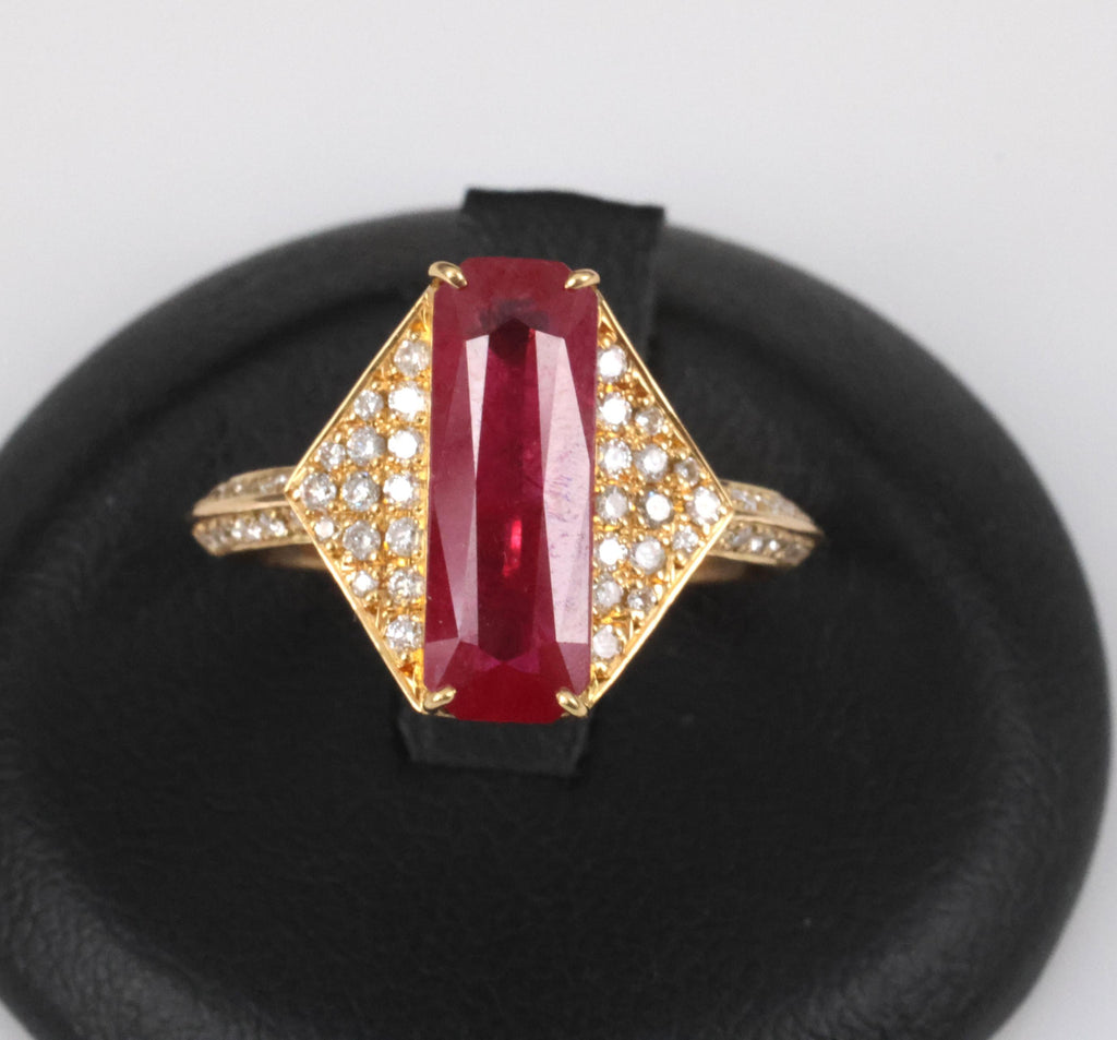 GIA Certified 3.79ct Step Cut Ruby 0.41ct Diamond 18K Yellow Gold Ring Size 7.5
