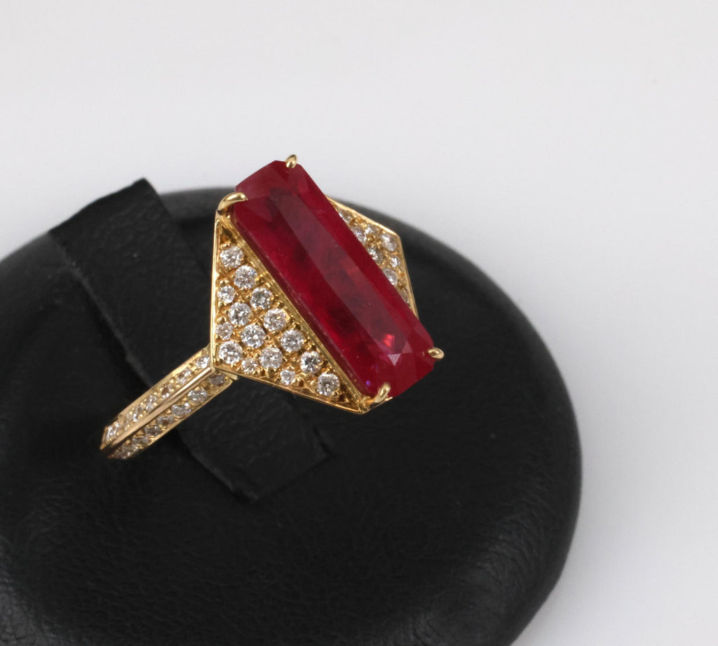 GIA Certified 3.79ct Step Cut Ruby 0.41ct Diamond 18K Yellow Gold Ring Size 7.5