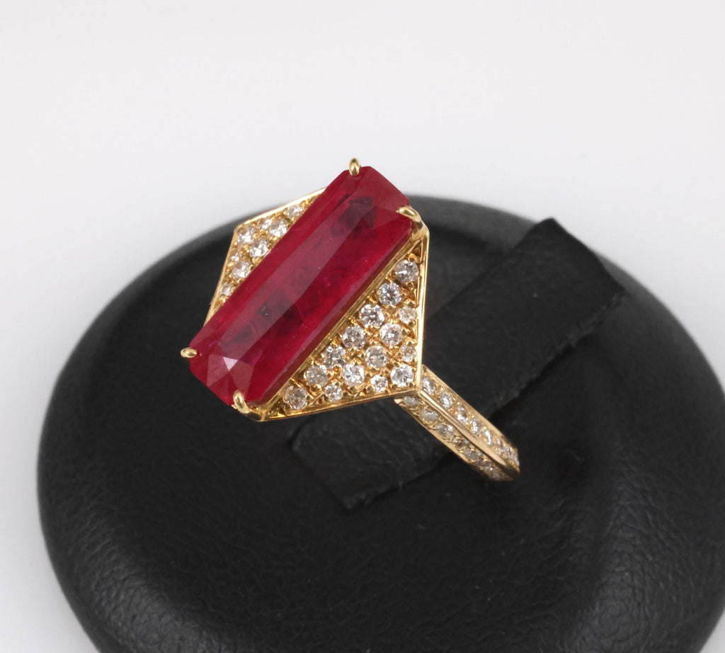 GIA Certified 3.79ct Step Cut Ruby 0.41ct Diamond 18K Yellow Gold Ring Size 7.5