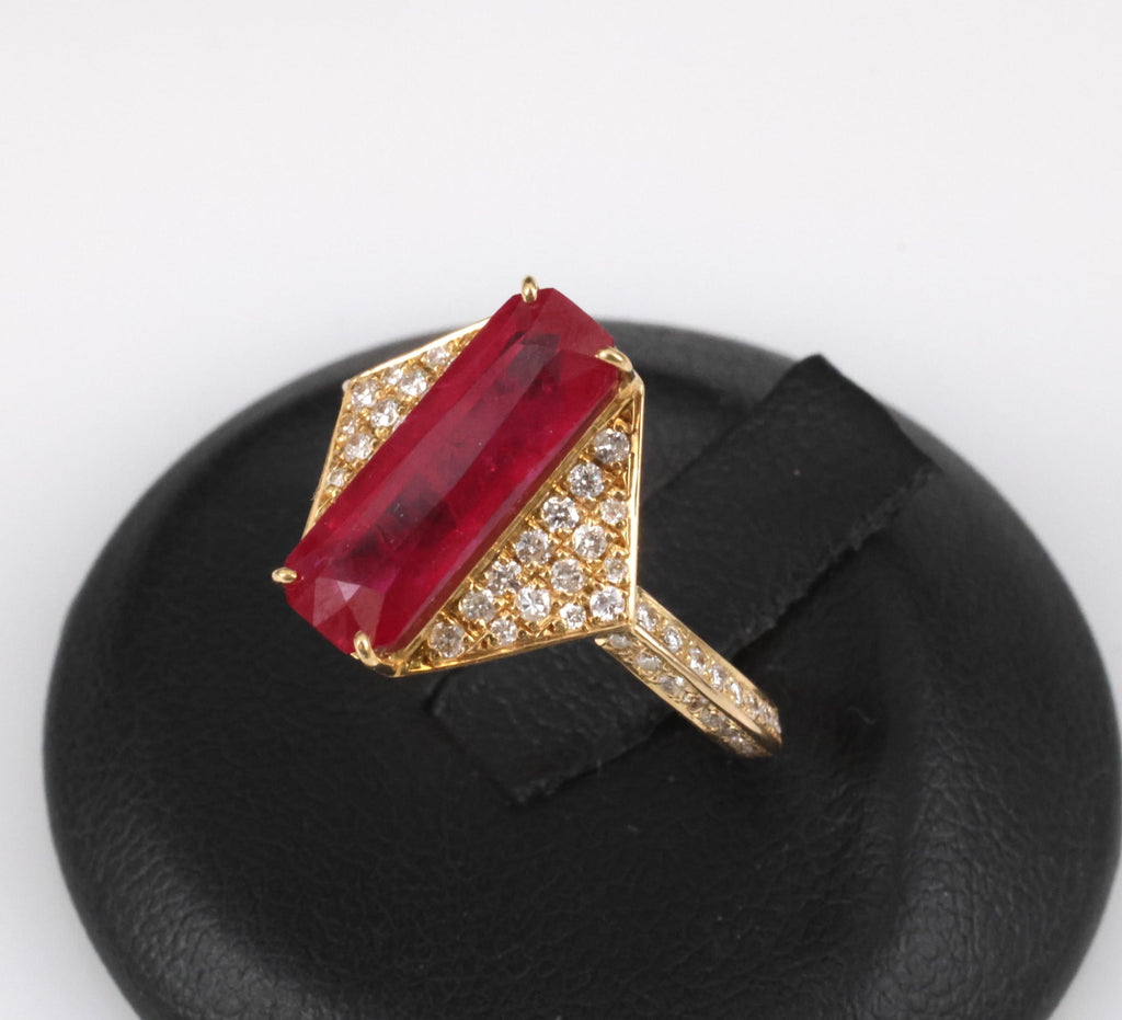 GIA Certified 3.79ct Step Cut Ruby 0.41ct Diamond 18K Yellow Gold Ring Size 7.5