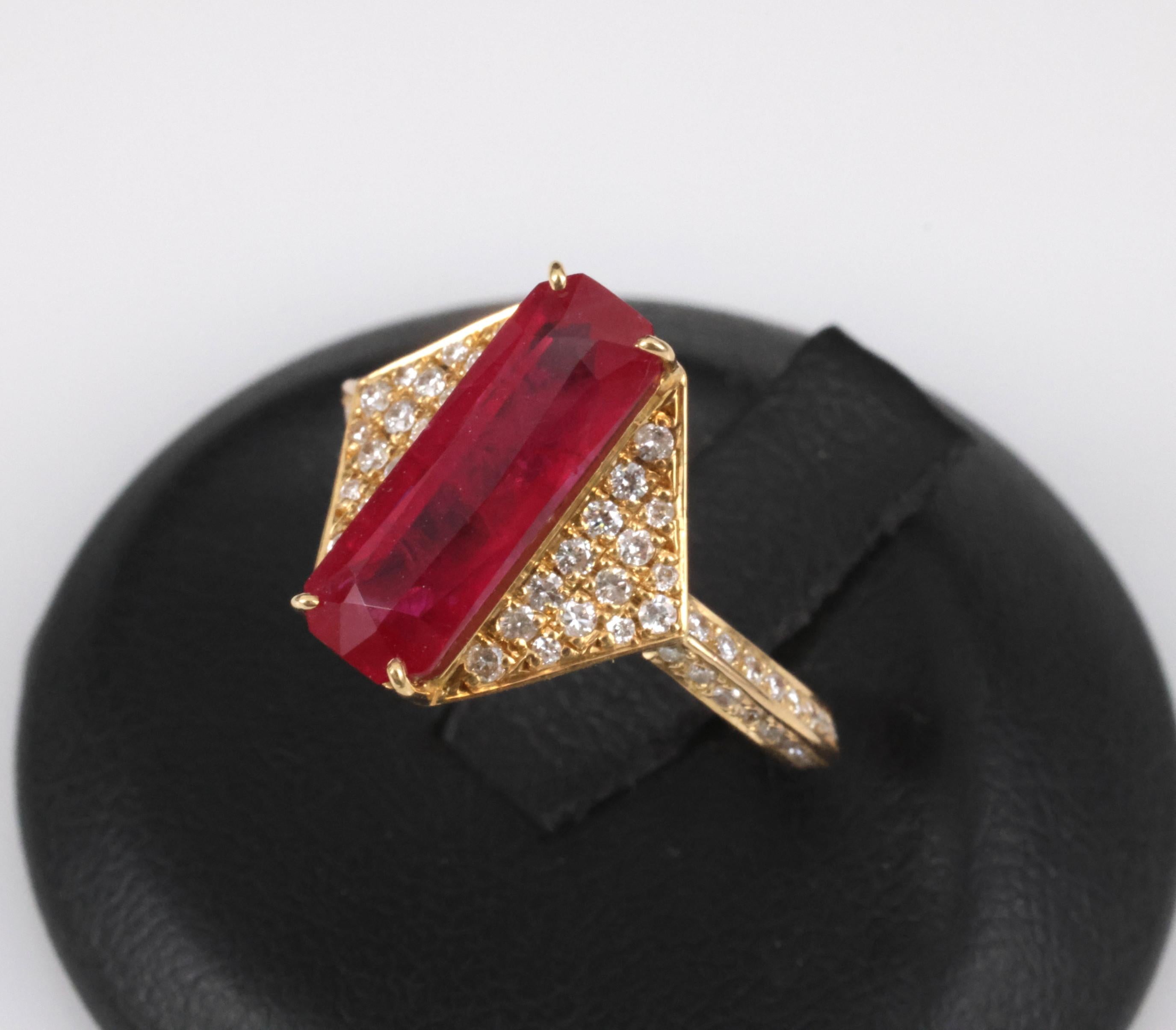 GIA Certified 3.79ct Step Cut Ruby 0.41ct Diamond 18K Yellow Gold Ring Size 7.5