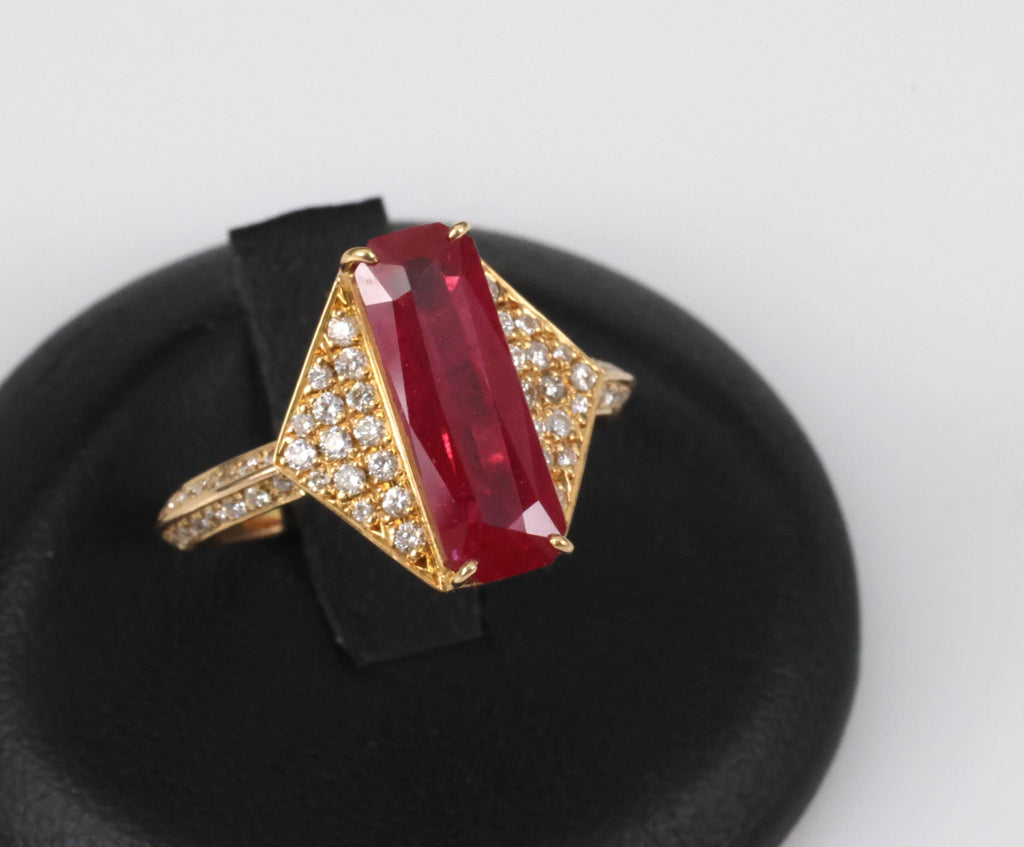 GIA Certified 3.79ct Step Cut Ruby 0.41ct Diamond 18K Yellow Gold Ring Size 7.5