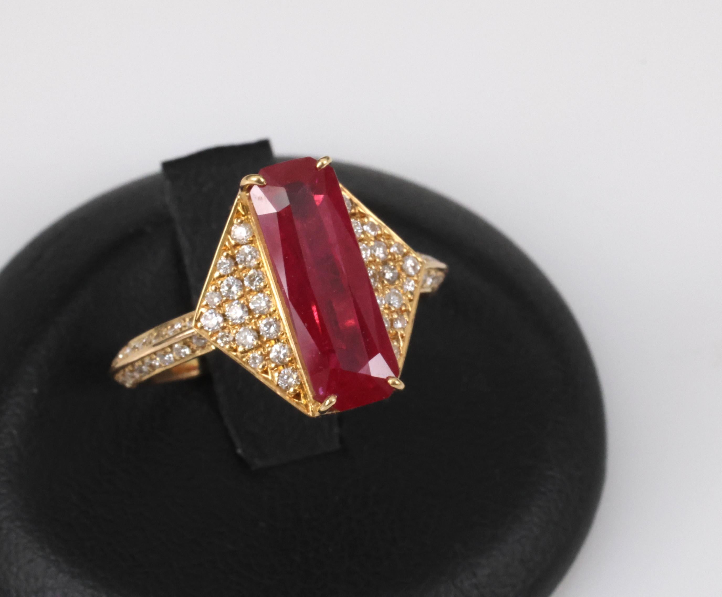 GIA Certified 3.79ct Step Cut Ruby 0.41ct Diamond 18K Yellow Gold Ring Size 7.5
