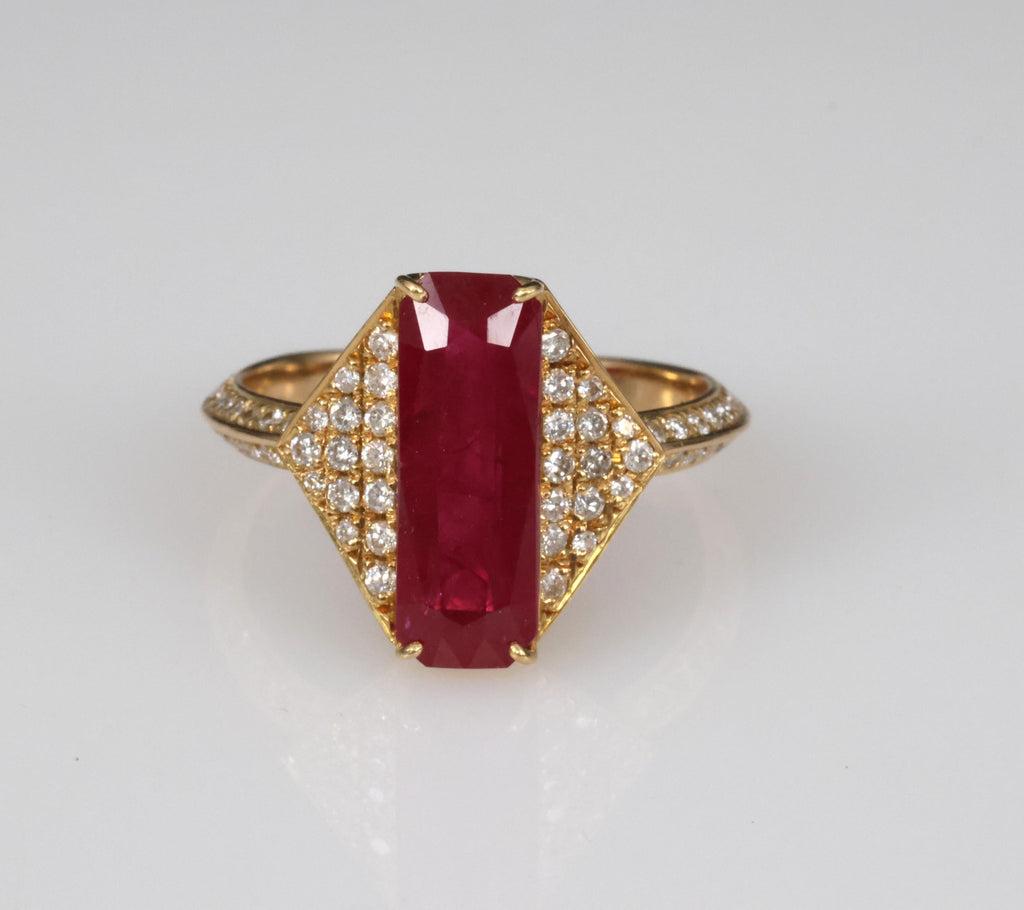GIA Certified 3.79ct Step Cut Ruby 0.41ct Diamond 18K Yellow Gold Ring Size 7.5
