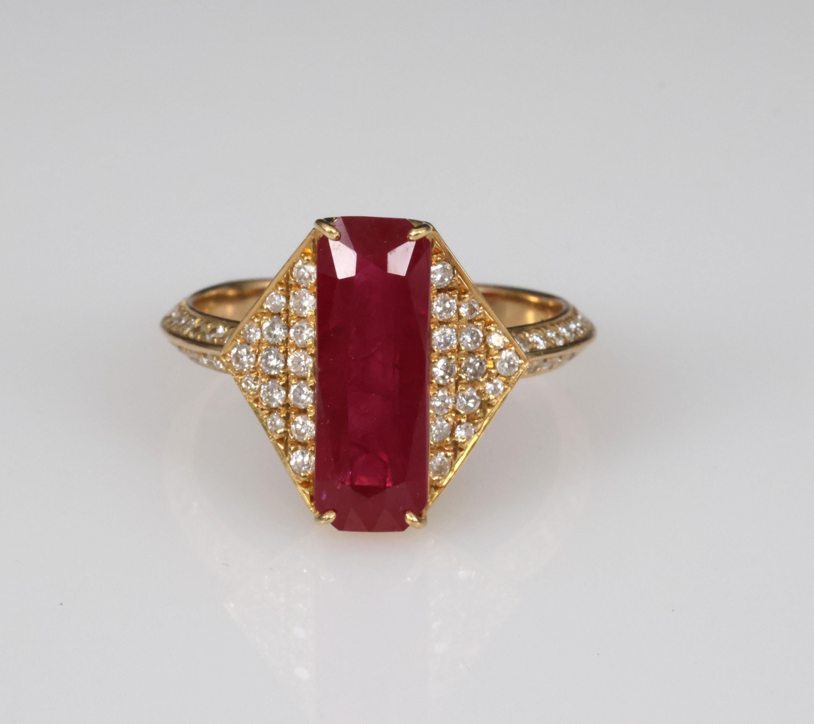 GIA Certified 3.79ct Step Cut Ruby 0.41ct Diamond 18K Yellow Gold Ring Size 7.5