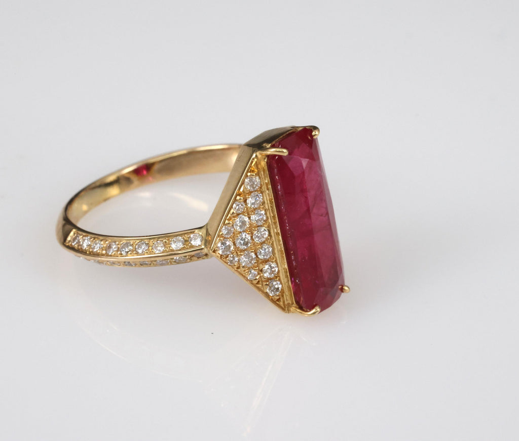 GIA Certified 3.79ct Step Cut Ruby 0.41ct Diamond 18K Yellow Gold Ring Size 7.5