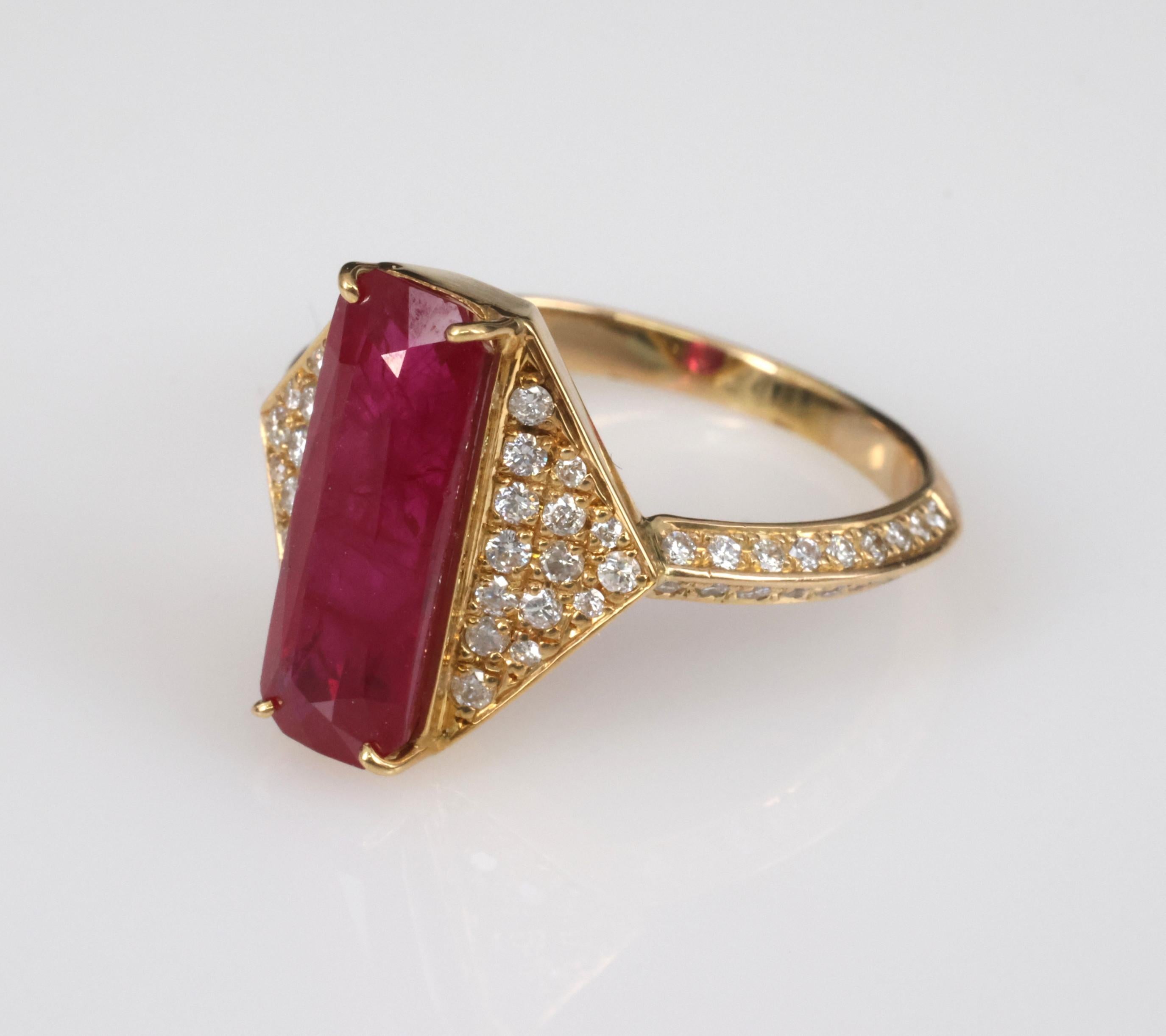 GIA Certified 3.79ct Step Cut Ruby 0.41ct Diamond 18K Yellow Gold Ring Size 7.5