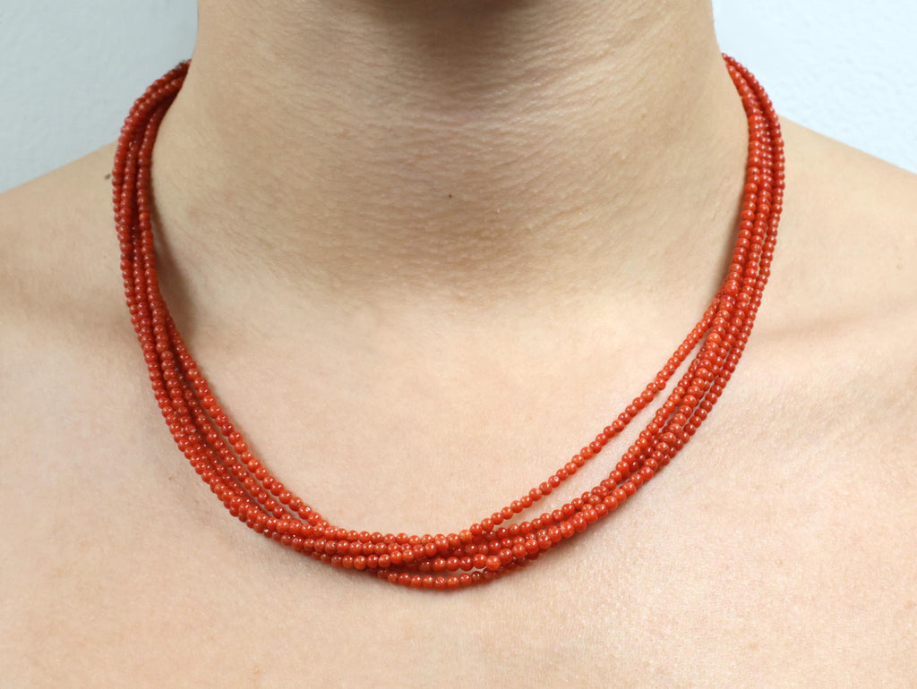 Natural Untreated Ox Blood Coral 2.5-2.9mm 5 layer 18K Yellow Gold 19" Necklace