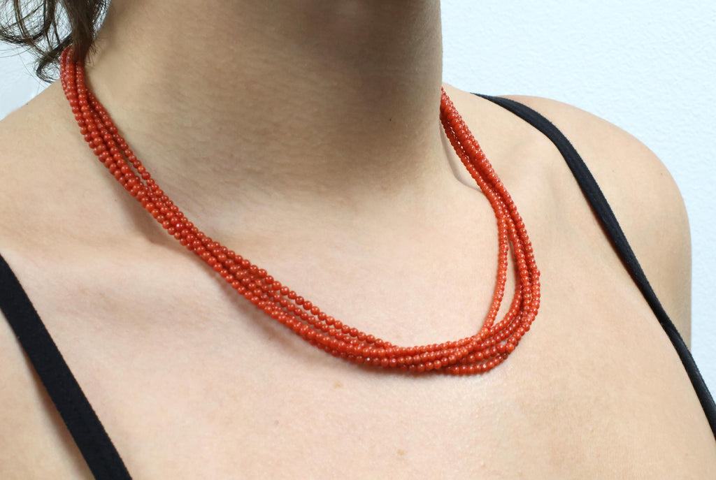 Natural Untreated Ox Blood Coral 2.5-2.9mm 5 layer 18K Yellow Gold 19" Necklace