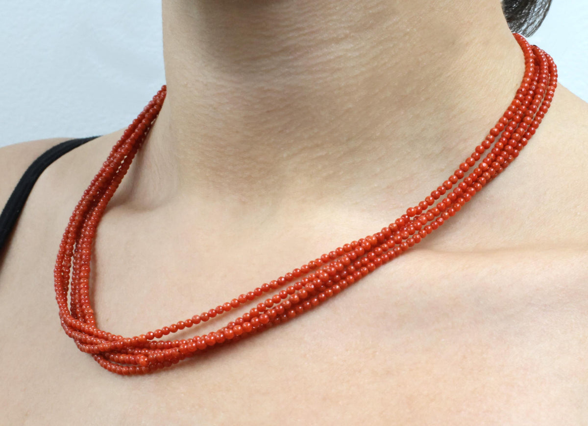 Natural Untreated Ox Blood Coral 2.5-2.9mm 5 layer 18K Yellow Gold 19" Necklace