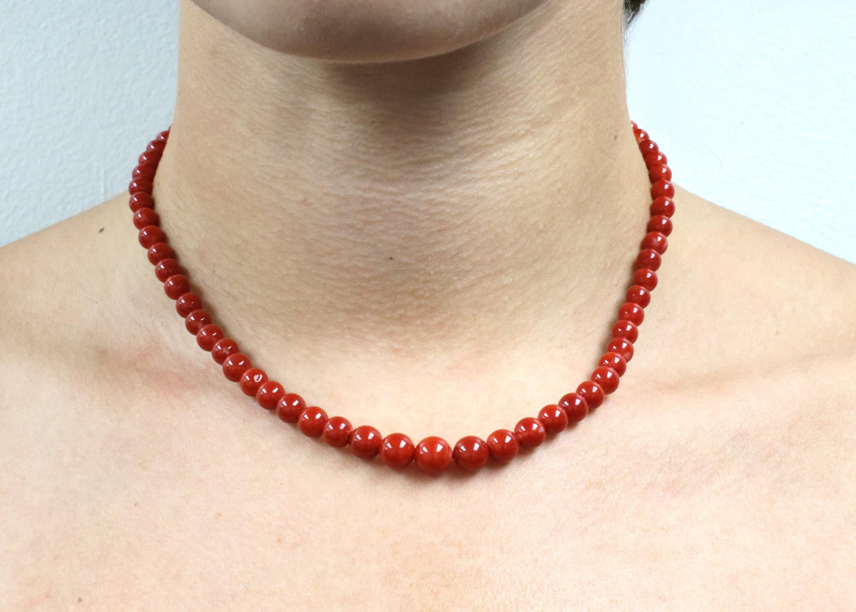 8.6mm Intense Red Natural Untreated Ox Blood Coral 14K Gold 16.5" Necklace 23.4g