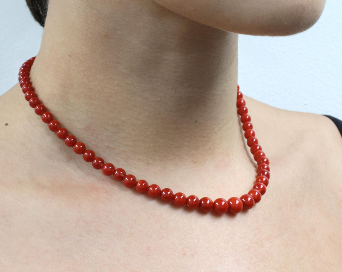 8.6mm Intense Red Natural Untreated Ox Blood Coral 14K Gold 16.5" Necklace 23.4g