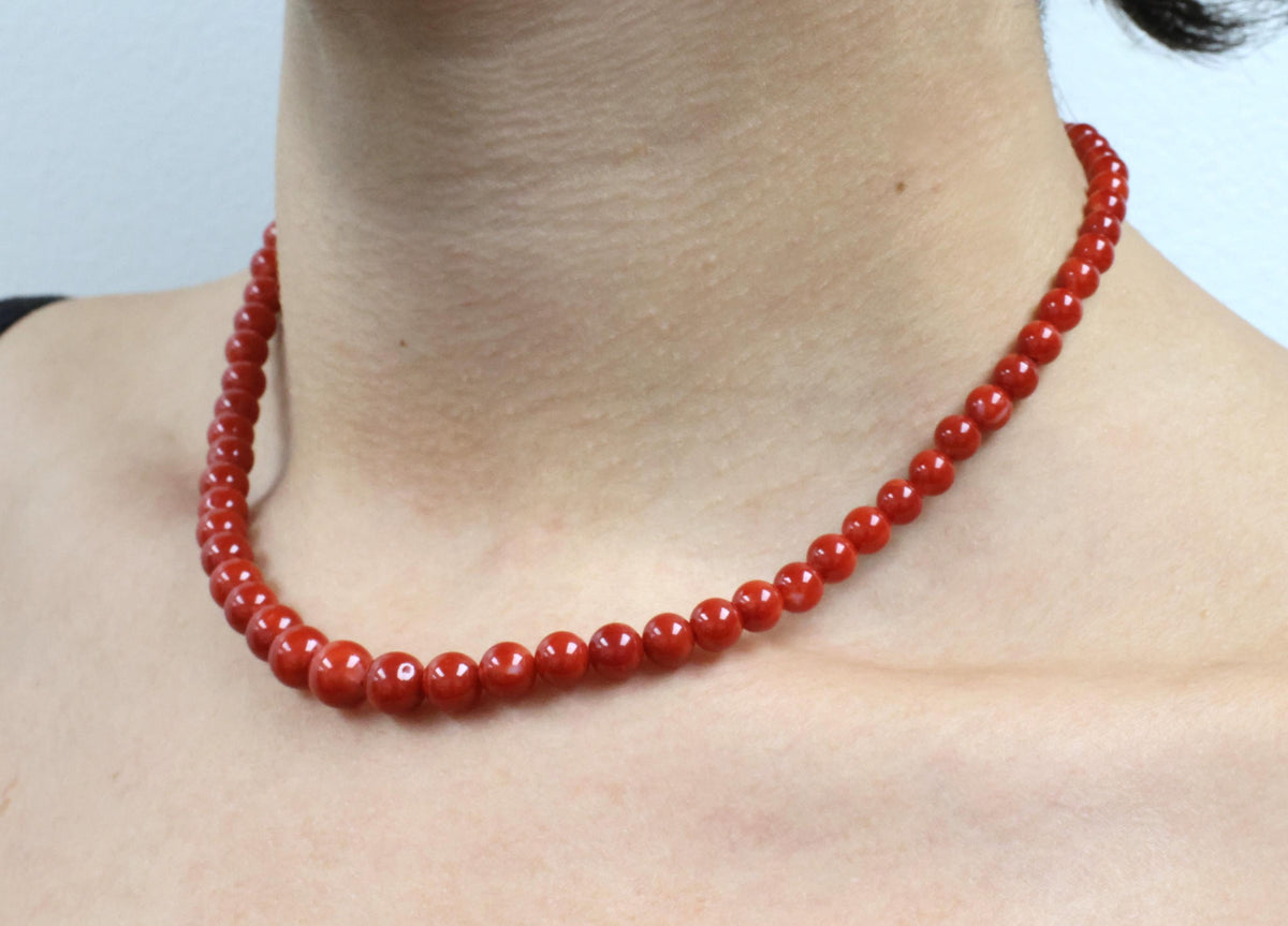 8.6mm Intense Red Natural Untreated Ox Blood Coral 14K Gold 16.5" Necklace 23.4g