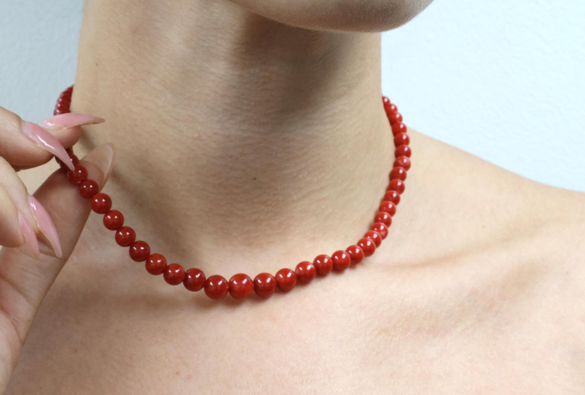 8.6mm Intense Red Natural Untreated Ox Blood Coral 14K Gold 16.5" Necklace 23.4g