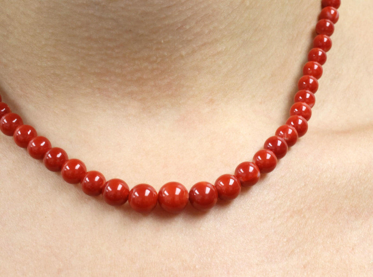 8.6mm Intense Red Natural Untreated Ox Blood Coral 14K Gold 16.5" Necklace 23.4g