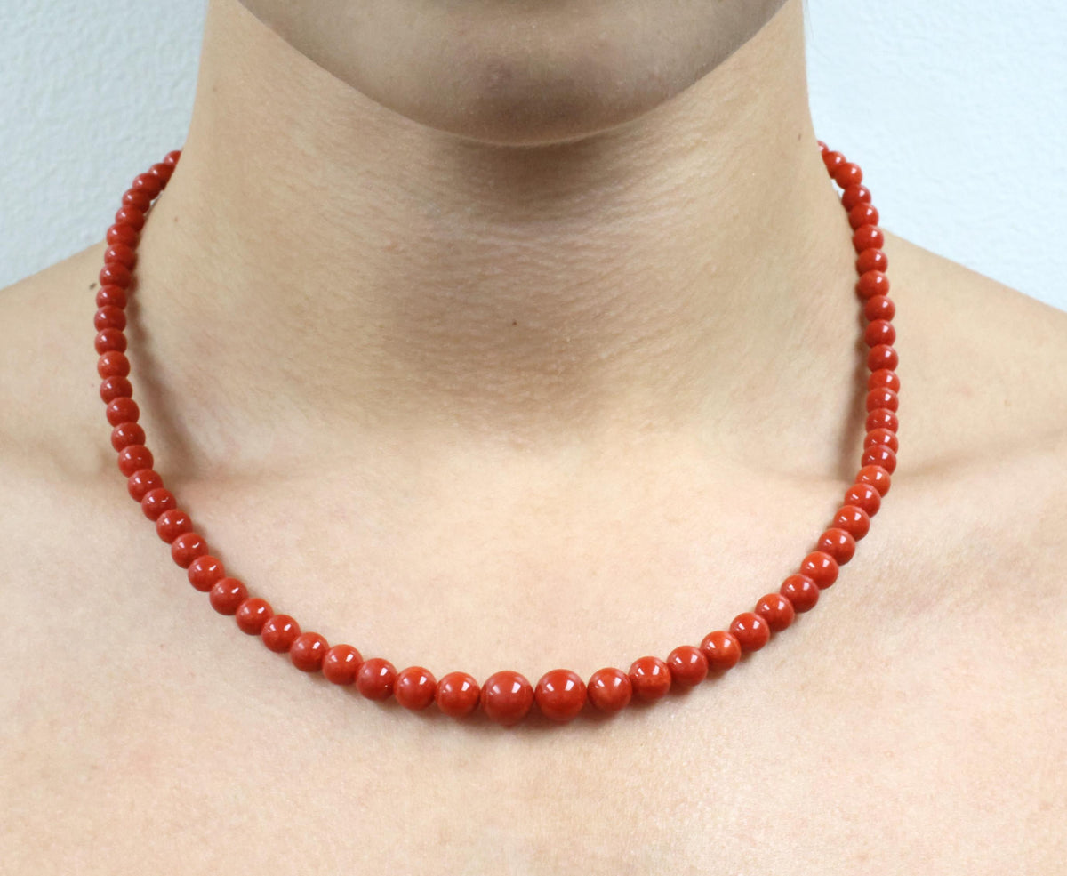 Fine 4.9-8.6mm Natural Untreated Ox Blood Red Coral 14K Yellow Gold Necklace