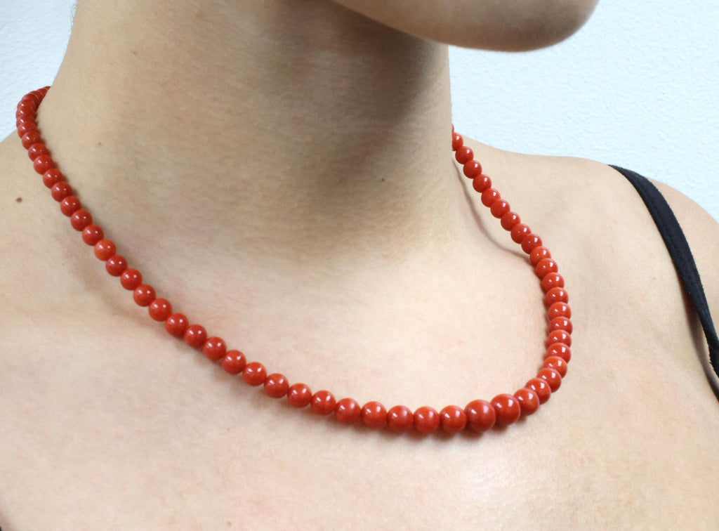 Fine 4.9-8.6mm Natural Untreated Ox Blood Red Coral 14K Yellow Gold Necklace