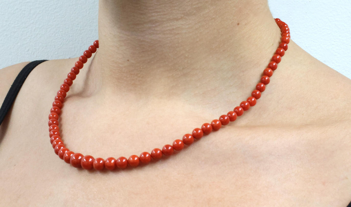 Fine 4.9-8.6mm Natural Untreated Ox Blood Red Coral 14K Yellow Gold Necklace