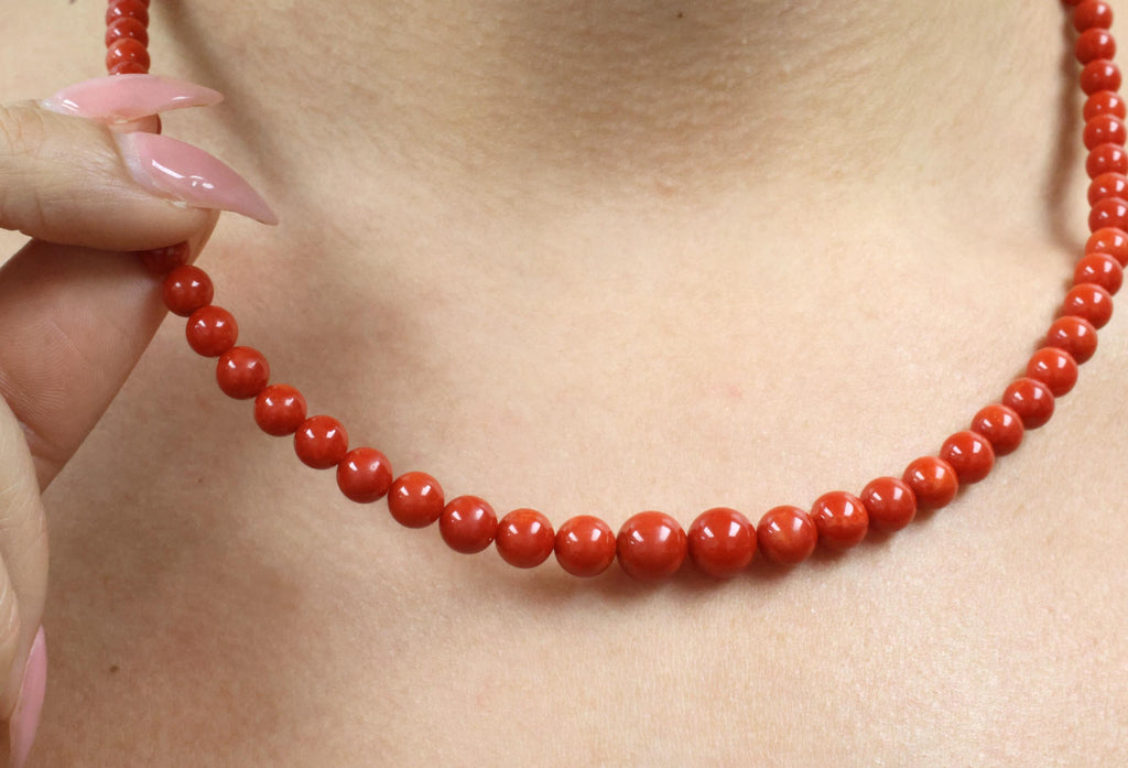 Fine 4.9-8.6mm Natural Untreated Ox Blood Red Coral 14K Yellow Gold Necklace