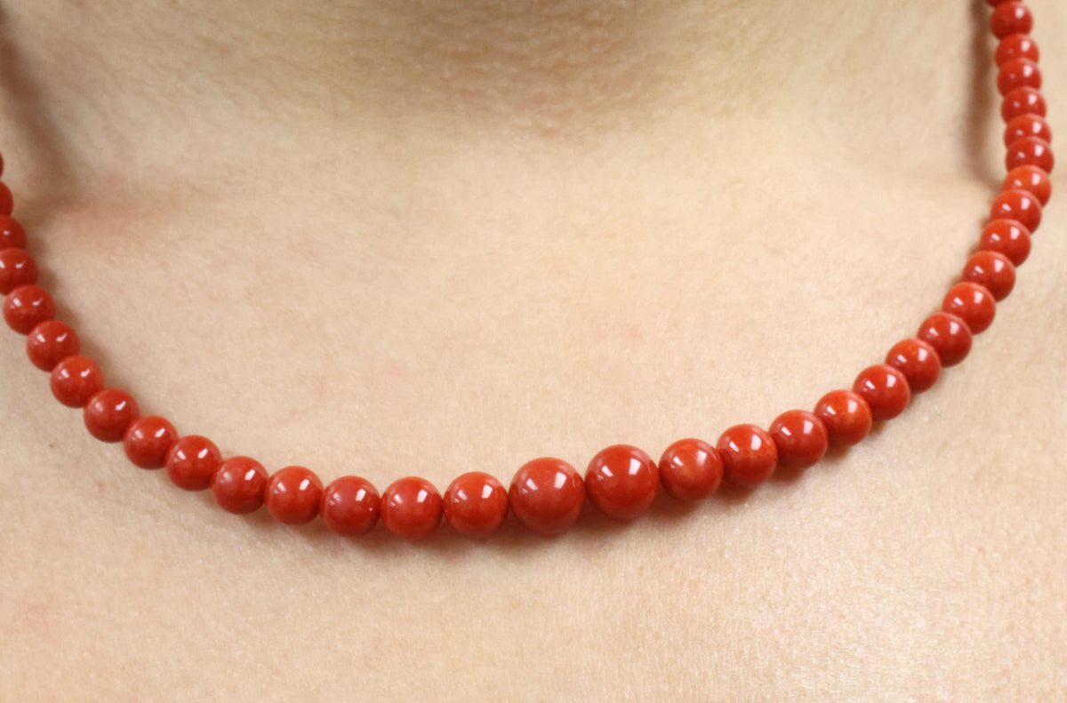 Fine 4.9-8.6mm Natural Untreated Ox Blood Red Coral 14K Yellow Gold Necklace