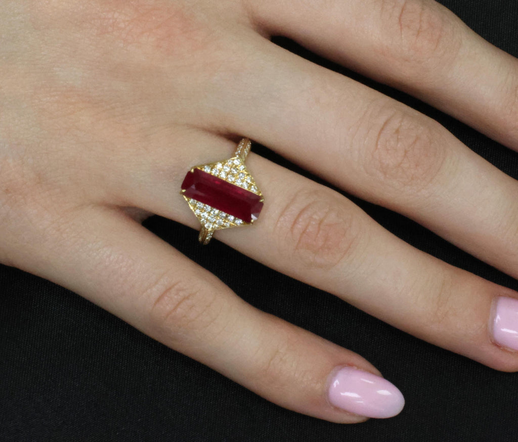 GIA Certified 3.79ct Step Cut Ruby 0.41ct Diamond 18K Yellow Gold Ring Size 7.5