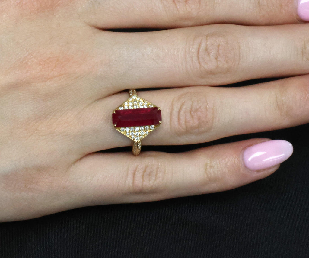 GIA Certified 3.79ct Step Cut Ruby 0.41ct Diamond 18K Yellow Gold Ring Size 7.5