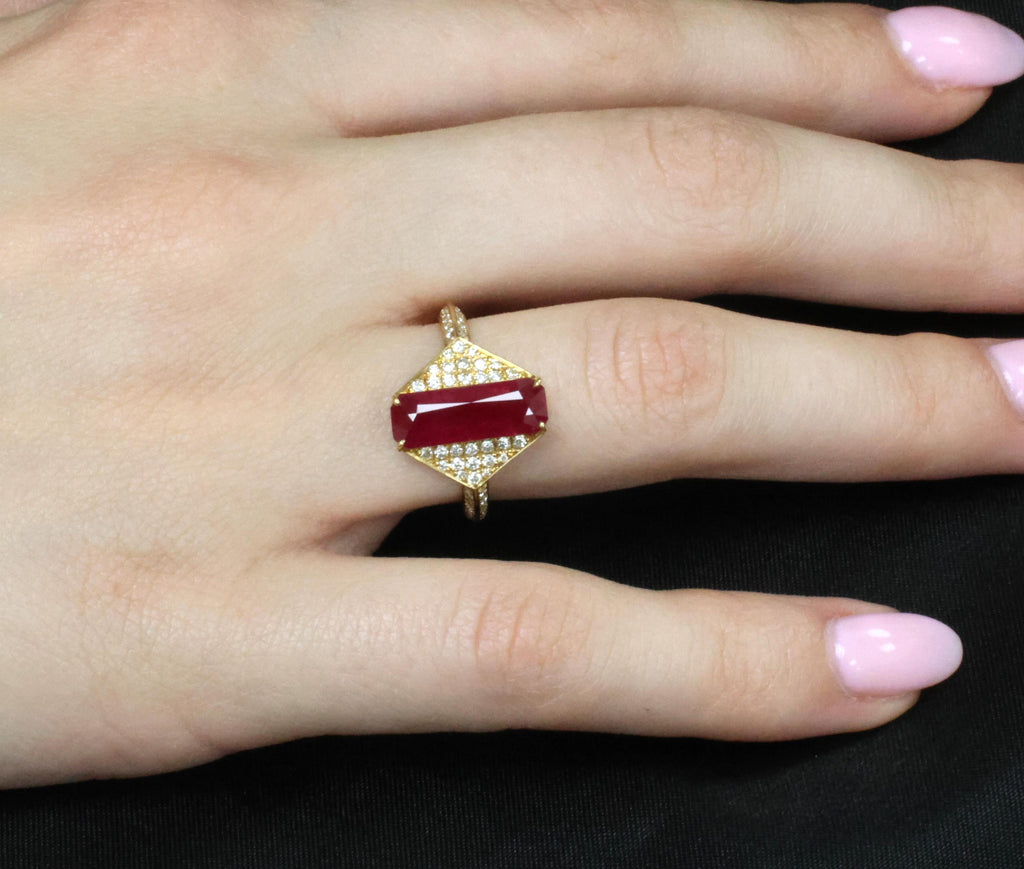 GIA Certified 3.79ct Step Cut Ruby 0.41ct Diamond 18K Yellow Gold Ring Size 7.5