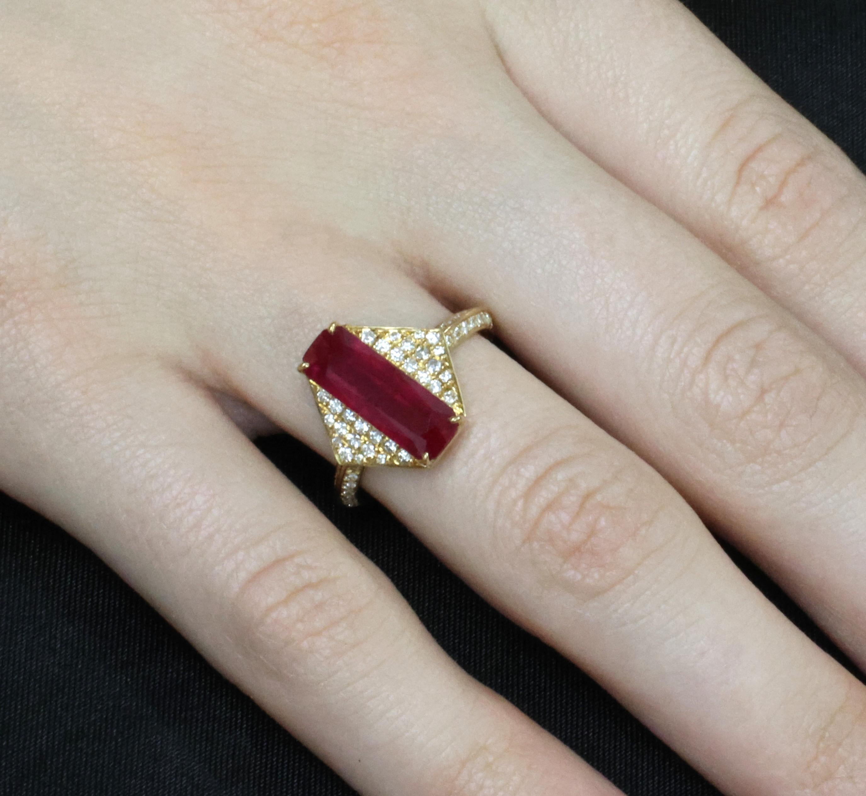 GIA Certified 3.79ct Step Cut Ruby 0.41ct Diamond 18K Yellow Gold Ring Size 7.5
