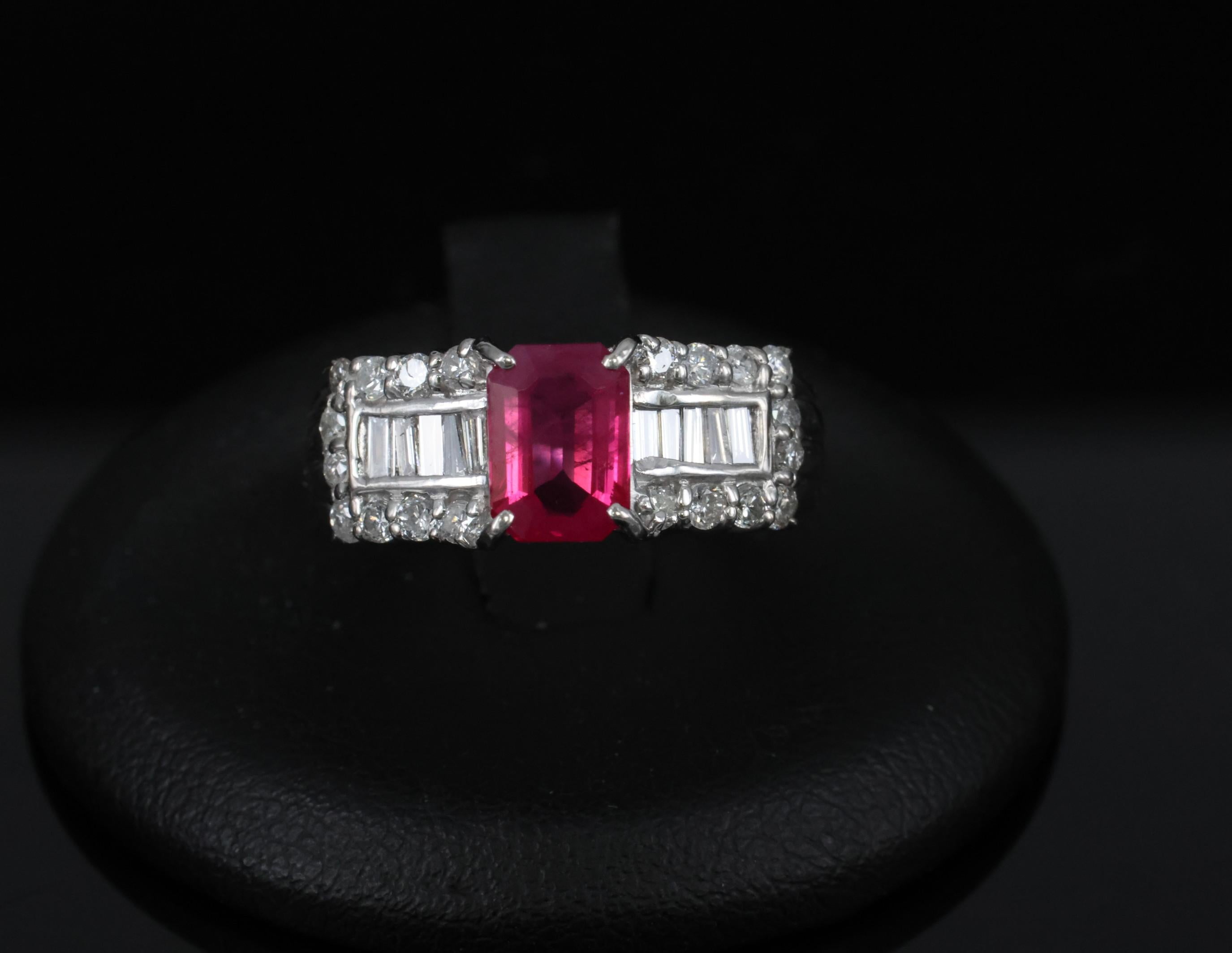Rare 1.15ct GIA Emerald Cut Burma Ruby 0.56ct Diamond Platinum Ring Size 6.5