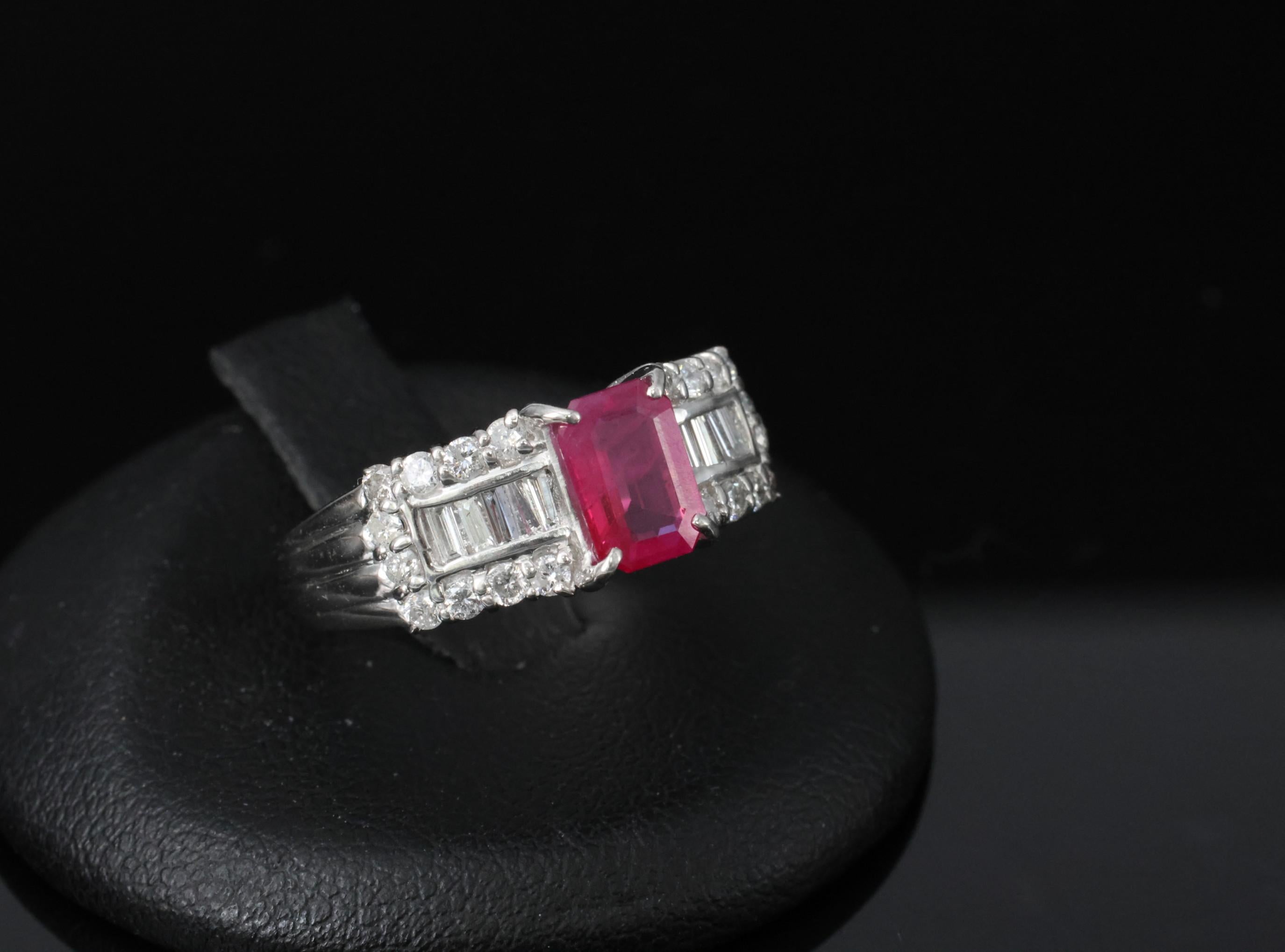 Rare 1.15ct GIA Emerald Cut Burma Ruby 0.56ct Diamond Platinum Ring Size 6.5