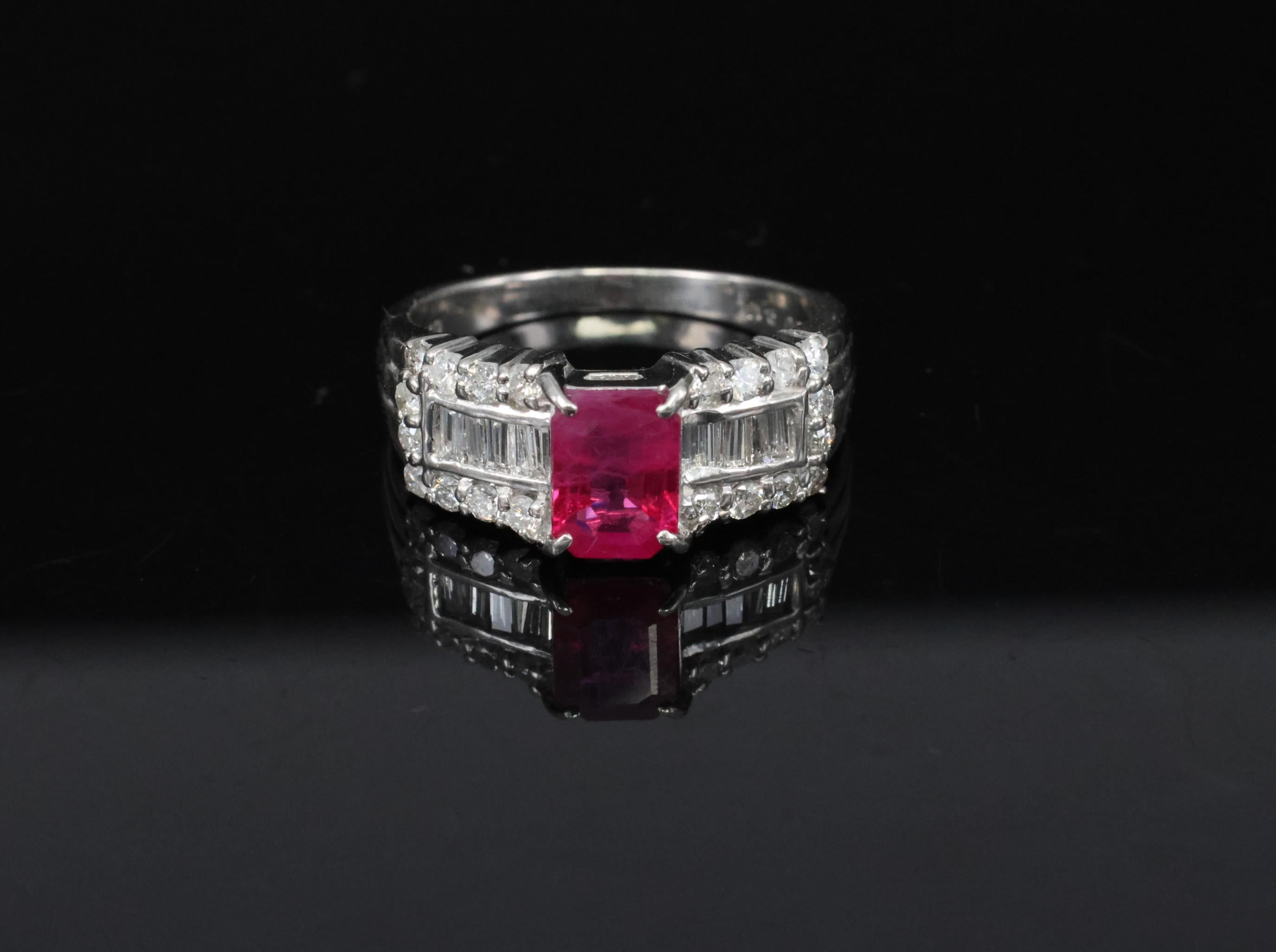 Rare 1.15ct GIA Emerald Cut Burma Ruby 0.56ct Diamond Platinum Ring Size 6.5